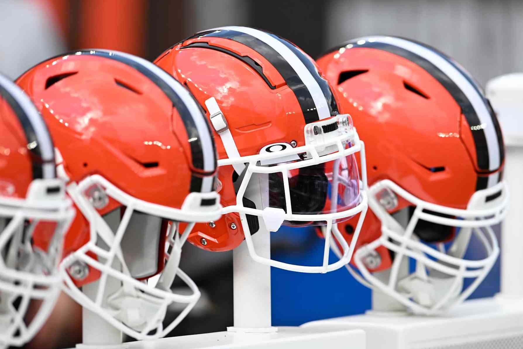 CLEVELAND, OHIO - AUGUST 17: A view of Cleveland Browns helmets prior to a preseason game against the Minnesota Vikings at Cleveland Browns Stadium on August 17, 2024 in Cleveland, Ohio. (Photo by Nick Cammett/Diamond Images via Getty Images)