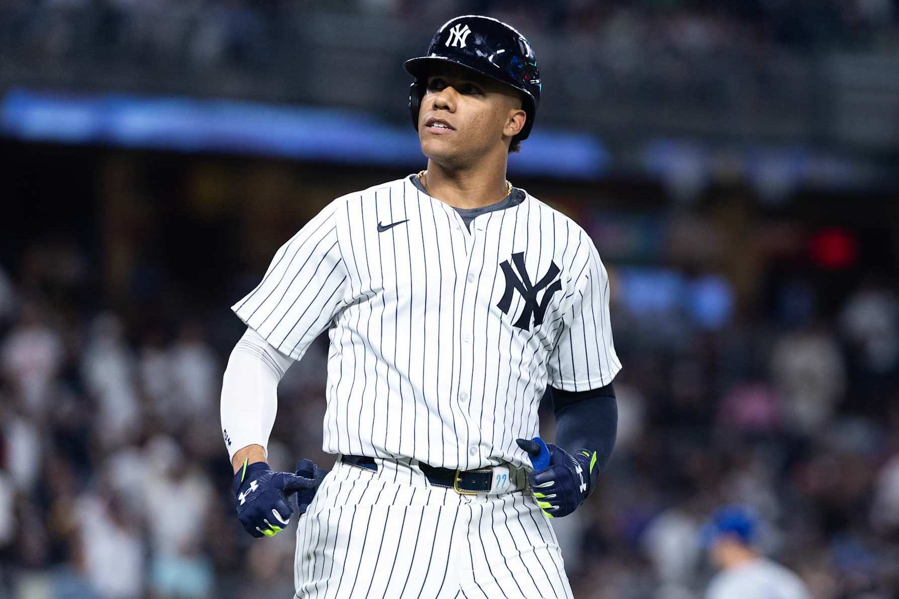 NEW YORK, NEW YORK - SEPTEMBER 10: Juan Soto #22 of the New York Yankees reacts after flying out during the sixth inning of the game against the Kansas City Royals at Yankee Stadium on September 10, 2024 in New York City. (Photo by Dustin Satloff/Getty Images)