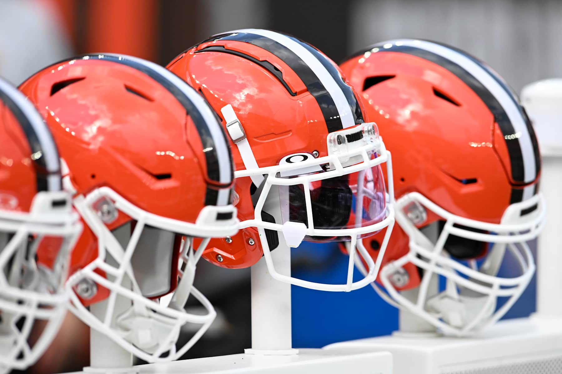 CLEVELAND, OHIO - AUGUST 17: A view of Cleveland Browns helmets prior to a preseason game against the Minnesota Vikings at Cleveland Browns Stadium on August 17, 2024 in Cleveland, Ohio. (Photo by Nick Cammett/Diamond Images via Getty Images)