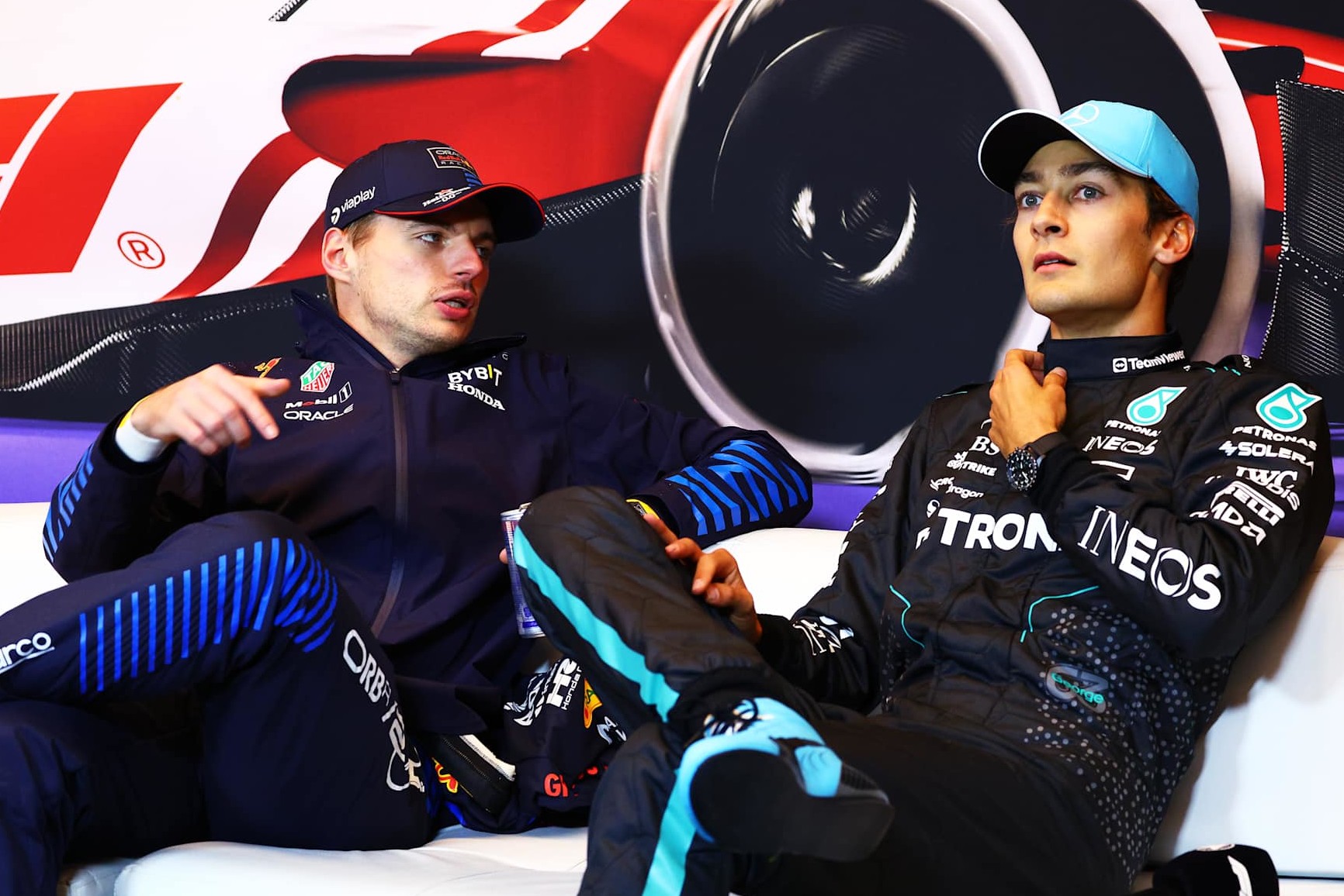 MONTREAL, QUEBEC - JUNE 09: Race winner Max Verstappen of the Netherlands and Oracle Red Bull Racing and Third placed George Russell of Great Britain and Mercedes attend the press conference after the F1 Grand Prix of Canada at Circuit Gilles Villeneuve on June 09, 2024 in Montreal, Quebec. (Photo by Clive Rose/Getty Images)