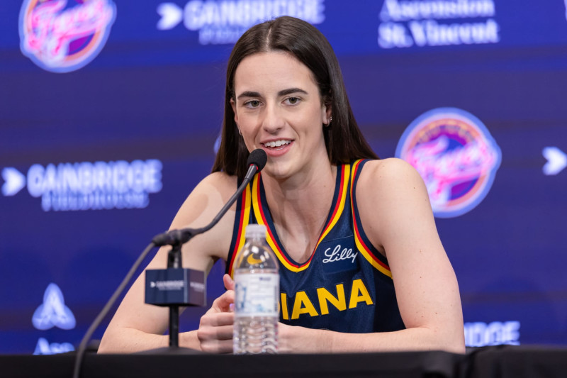 INDIANAPOLIS, INDIANA - MAY 1: Caitlin Clark #22 of the Indiana Fever talks to reporters during media day activities at Gainbridge Fieldhouse on May 1, 2024 in Indianapolis, Indiana. NOTE TO USER: User expressly acknowledges and agrees that, by downloading and or using this photograph, User is consenting to the terms and conditions of the Getty Images License Agreement. (Photo by Michael Hickey/Getty Images)