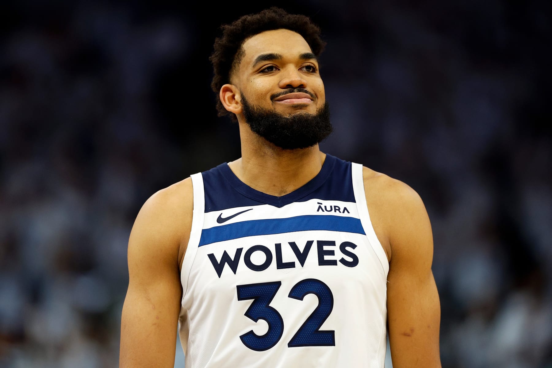 MINNEAPOLIS, MINNESOTA - MAY 10: Karl-Anthony Towns #32 of the Minnesota Timberwolves looks on against the Denver Nuggets in the second quarter of Game Three of the Western Conference Second Round Playoffs at Target Center on May 10, 2024 in Minneapolis, Minnesota. The Nuggets defeated the Timberwolves 117-90. (Photo by David Berding/Getty Images)