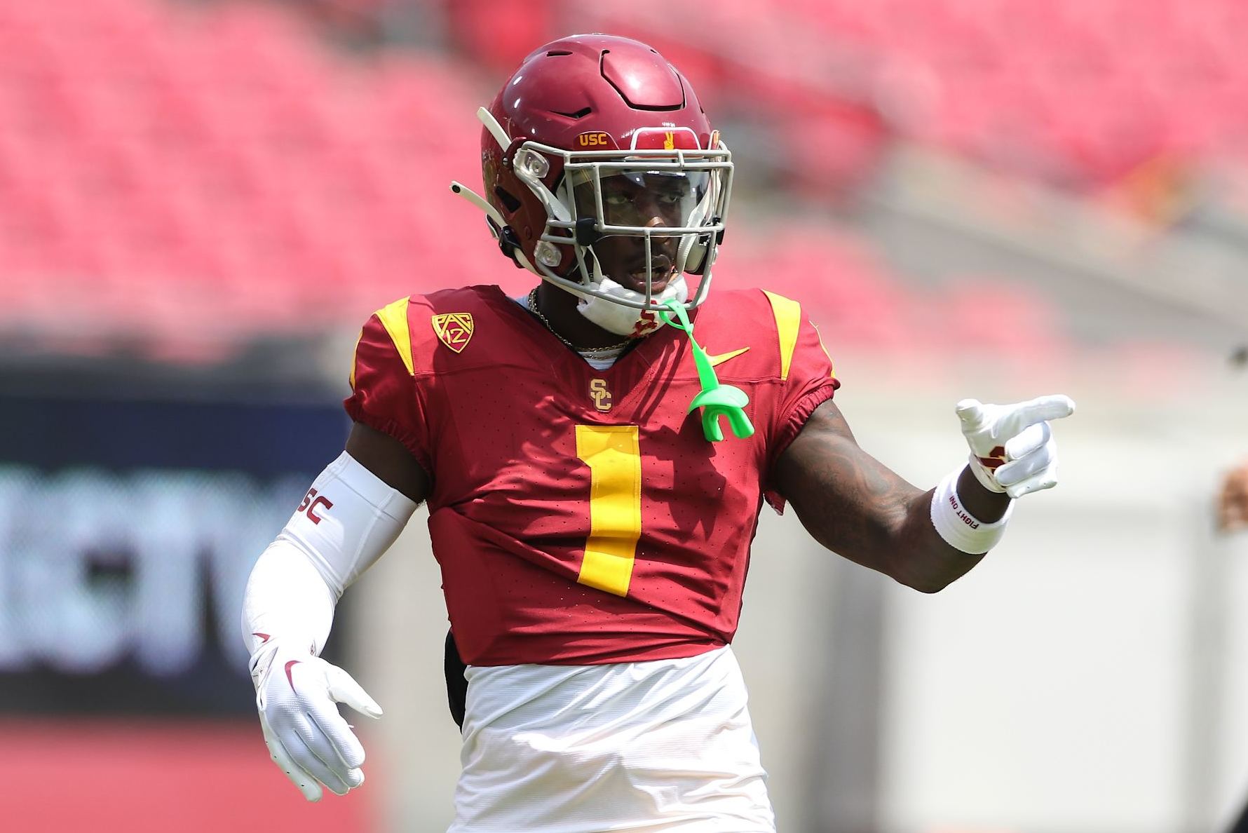 LOS ANGELES, CA - APRIL 20: USC Trojans Zachariah Branch (1) points during the USC Spring Game on April 20, 2024, at the Los Angeles Memorial Coliseum in Los Angeles, CA.(Photo by Jevone Moore/Icon Sportswire via Getty Images)