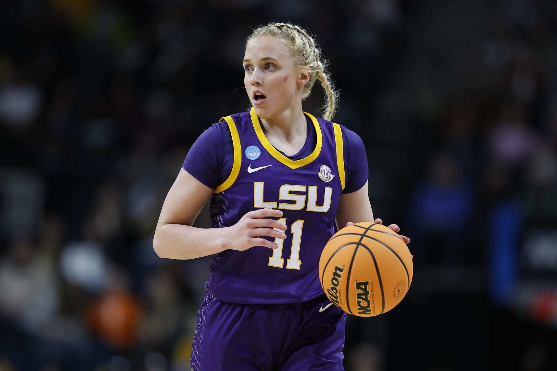 ALBANY, NEW YORK - MARCH 30: Hailey Van Lith #11 of the LSU Tigers dribblers with the ball against the UCLA Bruins during the first half in the Sweet 16 round of the NCAA Women's Basketball Tournament at MVP Arena on March 30, 2024 in Albany, New York. (Photo by Sarah Stier/Getty Images)