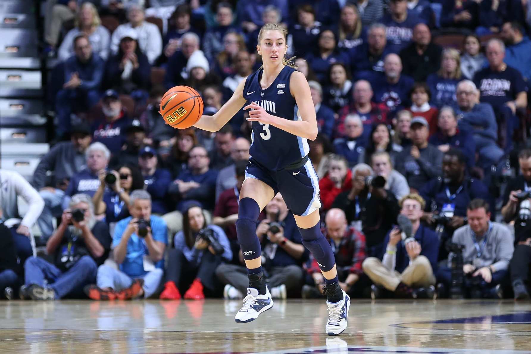 UNCASVILLE, CT - MARCH 06: Villanova Wildcats guard Lucy Olsen (3) fast-breaks during the Big East Women's Basketball Tournament championship game between Villanova Wildcats and UConn Huskies on March 6, 2023, at Mohegan Sun Arena in Uncasville, CT. (Photo by M. Anthony Nesmith/Icon Sportswire via Getty Images)