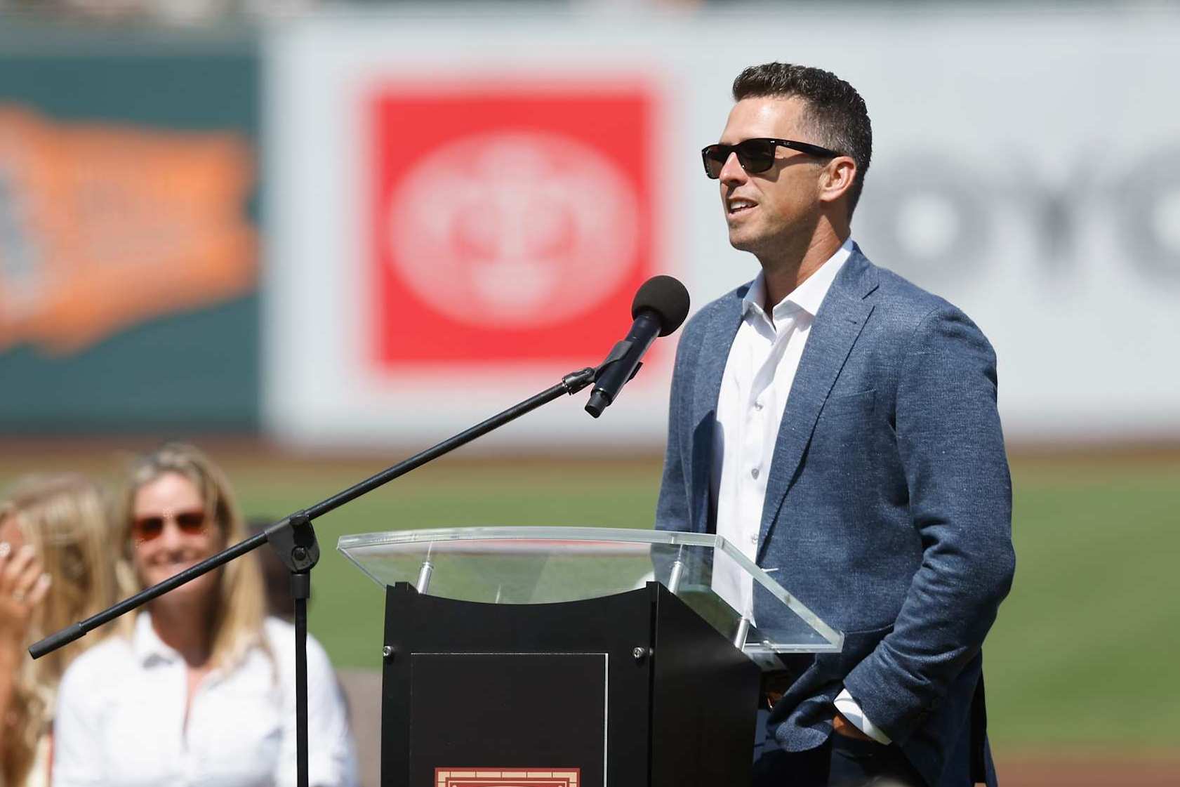 SAN FRANCISCO, CALIFORNIA - JULY 13: Former San Francisco Giants player Buster Posey talks during a Wall of Fame induction ceremony before the game between the San Francisco Giants and the Minnesota Twins at Oracle Park on July 13, 2024 in San Francisco, California. (Photo by Lachlan Cunningham/Getty Images)