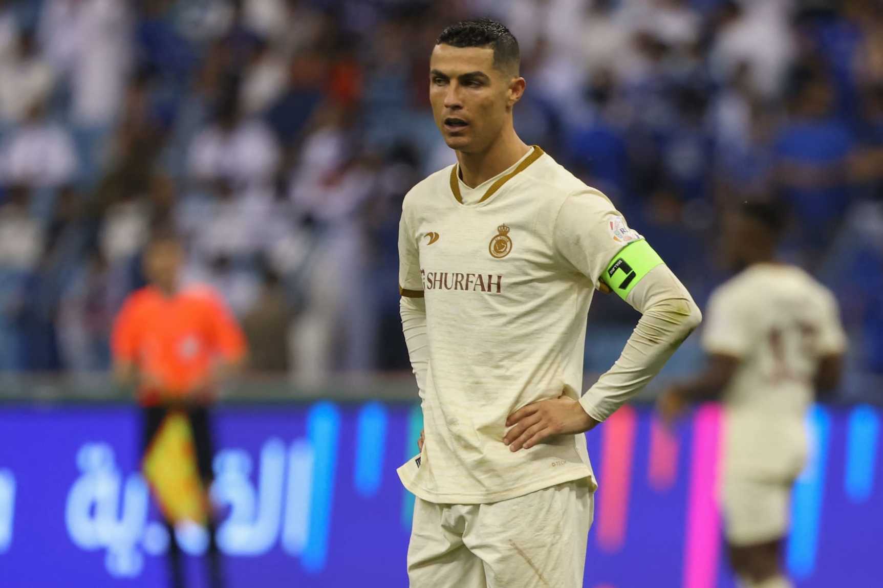 Nassr's Portuguese forward Cristiano Ronaldo looks on during the Saudi Pro League football match between Al-Hilal and Al-Nassr at the Prince Faisal Bin Fahd stadium in the capital Riyadh on April 18, 2023. (Photo by Fayez Nureldine / AFP) (Photo by FAYEZ NURELDINE/AFP via Getty Images)