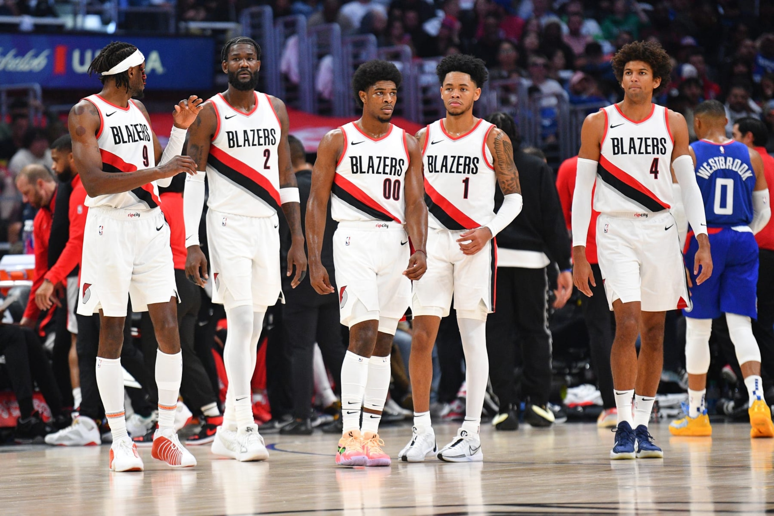 LOS ANGELES, CA - OCTOBER 25: Portland Trail Blazers forward Jerami Grant (9), Portland Trail Blazers center DeAndre Ayton (2), Portland Trail Blazers guard Scoot Henderson (00), Portland Trail Blazers guard Anfernee Simons (1) and Portland Trail Blazers forward Matisse Thybulle (4) look on during a NBA game between the Denver Nuggets and the Portland Trail Blazers on October 25, 2023 at Crypto.com Arena in Los Angeles, CA. (Photo by Brian Rothmuller/Icon Sportswire via Getty Images) LOS ANGELES, CA - OCTOBER 25: Portland Trail Blazers forward Jerami Grant (9), Portland Trail Blazers center DeAndre Ayton (2), Portland Trail Blazers guard Scoot Henderson (00), Portland Trail Blazers guard Anfernee Simons (1) and Portland Trail Blazers forward Matisse Thybulle (4) look on during a NBA game between the Denver Nuggets and the Portland Trail Blazers on October 25, 2023 at Crypto.com Arena in Los Angeles, CA. (Photo by Brian Rothmuller/Icon Sportswire via Getty Images)