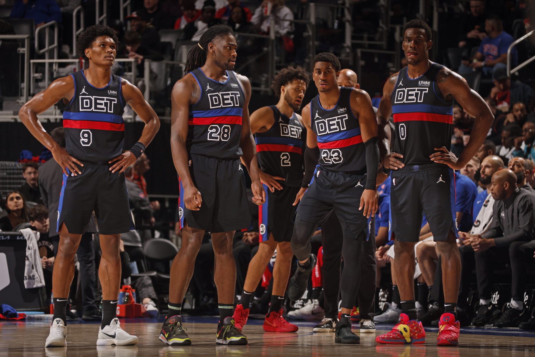 DETROIT, MI - MARCH 1: Ausar Thompson #9, Isaiah Stewart #28, Jaden Ivey #23, Jalen Duren #0 of the Detroit Pistons looks on during the game against the Cleveland Cavaliers on March 1, 2024 at Little Caesars Arena in Detroit, Michigan. NOTE TO USER: User expressly acknowledges and agrees that, by downloading and/or using this photograph, User is consenting to the terms and conditions of the Getty Images License Agreement. Mandatory Copyright Notice: Copyright 2024 NBAE (Photo by Brian Sevald/NBAE via Getty Images)