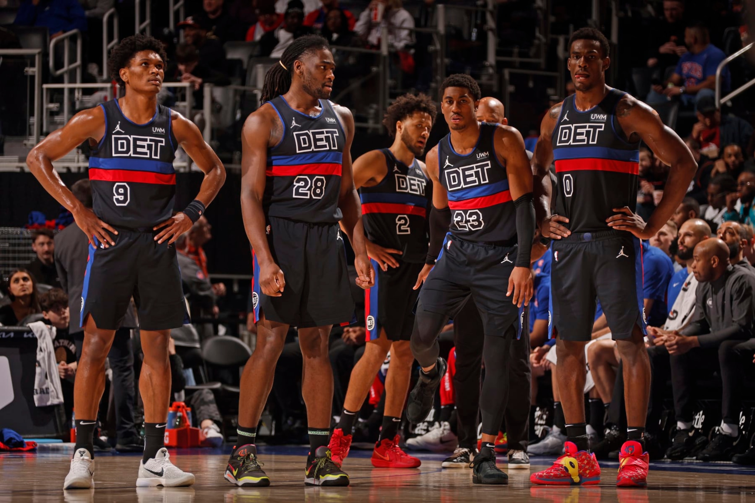 DETROIT, MI - MARCH 1: Ausar Thompson #9, Isaiah Stewart #28, Jaden Ivey #23, Jalen Duren #0 of the Detroit Pistons looks on during the game against the Cleveland Cavaliers on March 1, 2024 at Little Caesars Arena in Detroit, Michigan. NOTE TO USER: User expressly acknowledges and agrees that, by downloading and/or using this photograph, User is consenting to the terms and conditions of the Getty Images License Agreement. Mandatory Copyright Notice: Copyright 2024 NBAE (Photo by Brian Sevald/NBAE via Getty Images) DETROIT, MI - MARCH 1: Ausar Thompson #9, Isaiah Stewart #28, Jaden Ivey #23, Jalen Duren #0 of the Detroit Pistons looks on during the game against the Cleveland Cavaliers on March 1, 2024 at Little Caesars Arena in Detroit, Michigan. NOTE TO USER: User expressly acknowledges and agrees that, by downloading and/or using this photograph, User is consenting to the terms and conditions of the Getty Images License Agreement. Mandatory Copyright Notice: Copyright 2024 NBAE (Photo by Brian Sevald/NBAE via Getty Images)