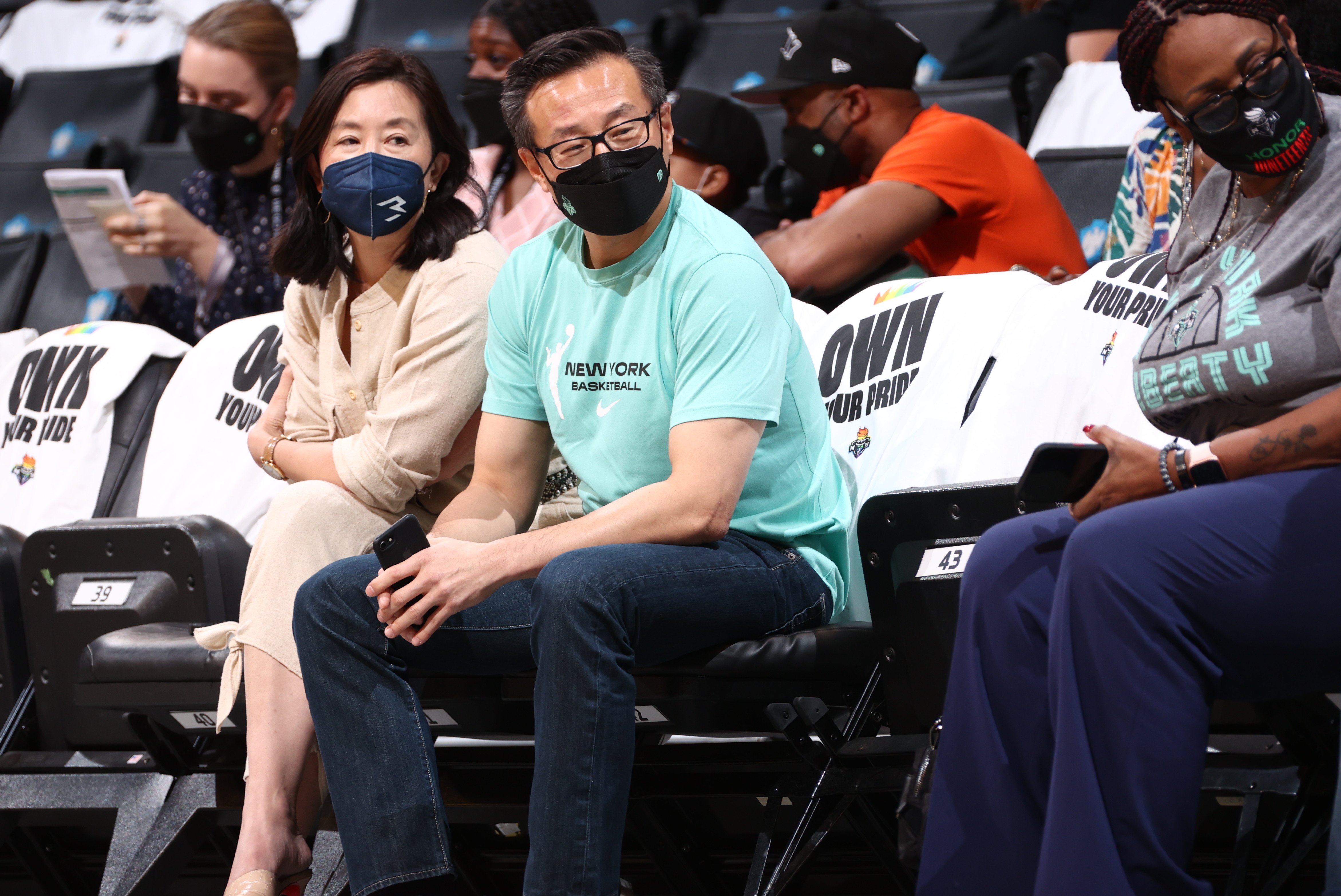 NEW YORK, NY - JUNE 24: Owner, Joe Tsai of the Brooklyn Nets and the New York Liberty attends a game between the Chicago Sky and the New York Liberty on June 24, 2021 at Barclays Center in New York, NY. NOTE TO USER: User expressly acknowledges and agrees that, by downloading and or using this Photograph, user is consenting to the terms and conditions of the Getty Images License Agreement. Mandatory Copyright Notice: Copyright 2021 NBAE (Photo by Ned Dishman/NBAE via Getty Images)