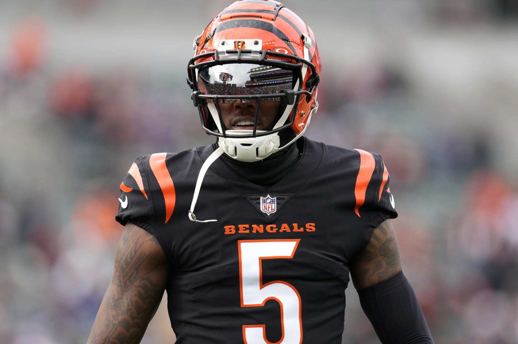 CINCINNATI, OHIO - DECEMBER 16: Tee Higgins #5 of the Cincinnati Bengals warms up before the game against the Minnesota Vikings at Paycor Stadium on December 16, 2023 in Cincinnati, Ohio. (Photo by Jeff Dean/Getty Images)