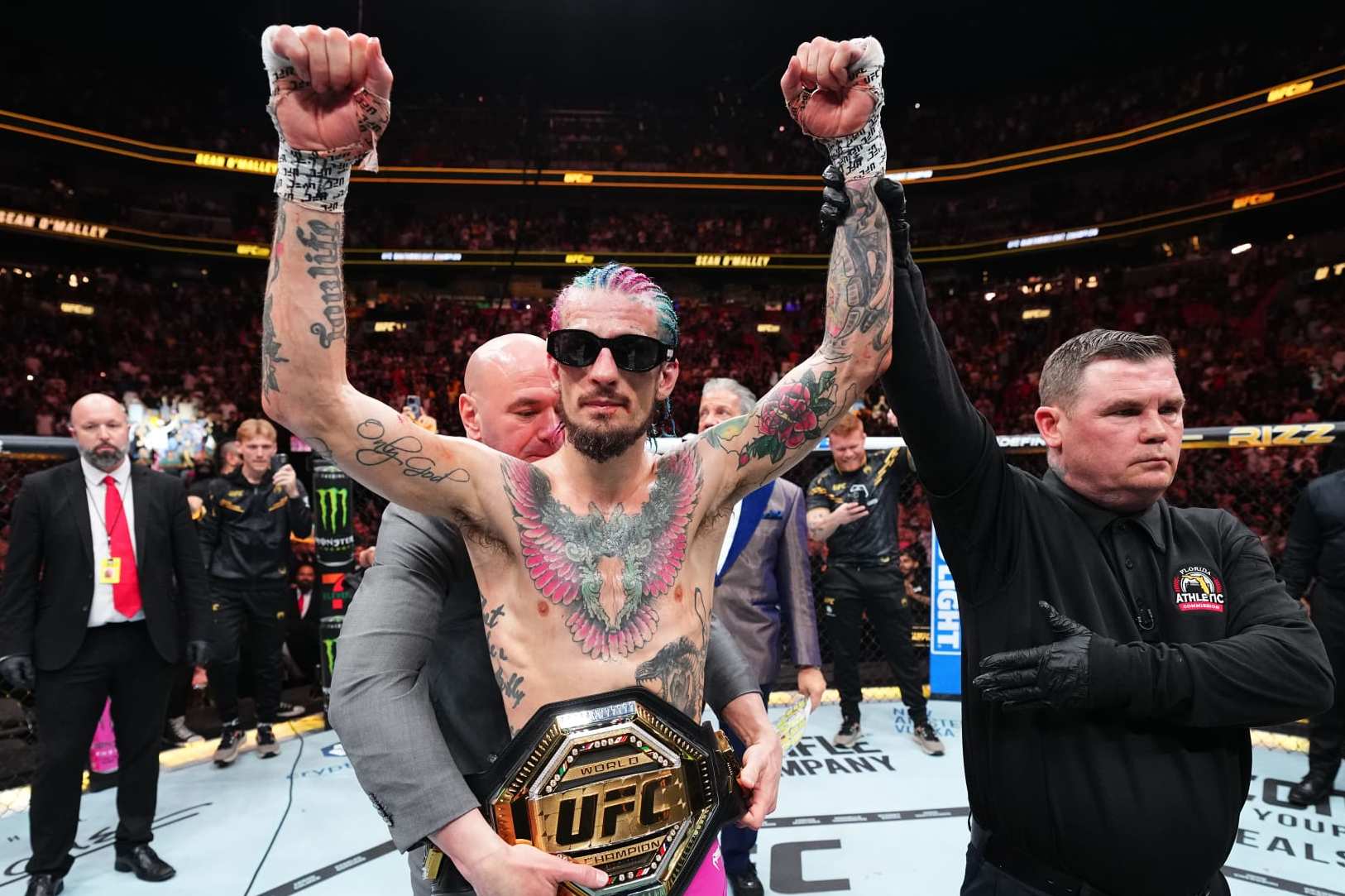 MIAMI, FLORIDA - MARCH 09: Sean O'Malley reacts after his victory against Marlon Vera of Ecuador in the UFC bantamweight championship fight during the UFC 299 event at Kaseya Center on March 09, 2024 in Miami, Florida. (Photo by Chris Unger/Zuffa LLC via Getty Images)