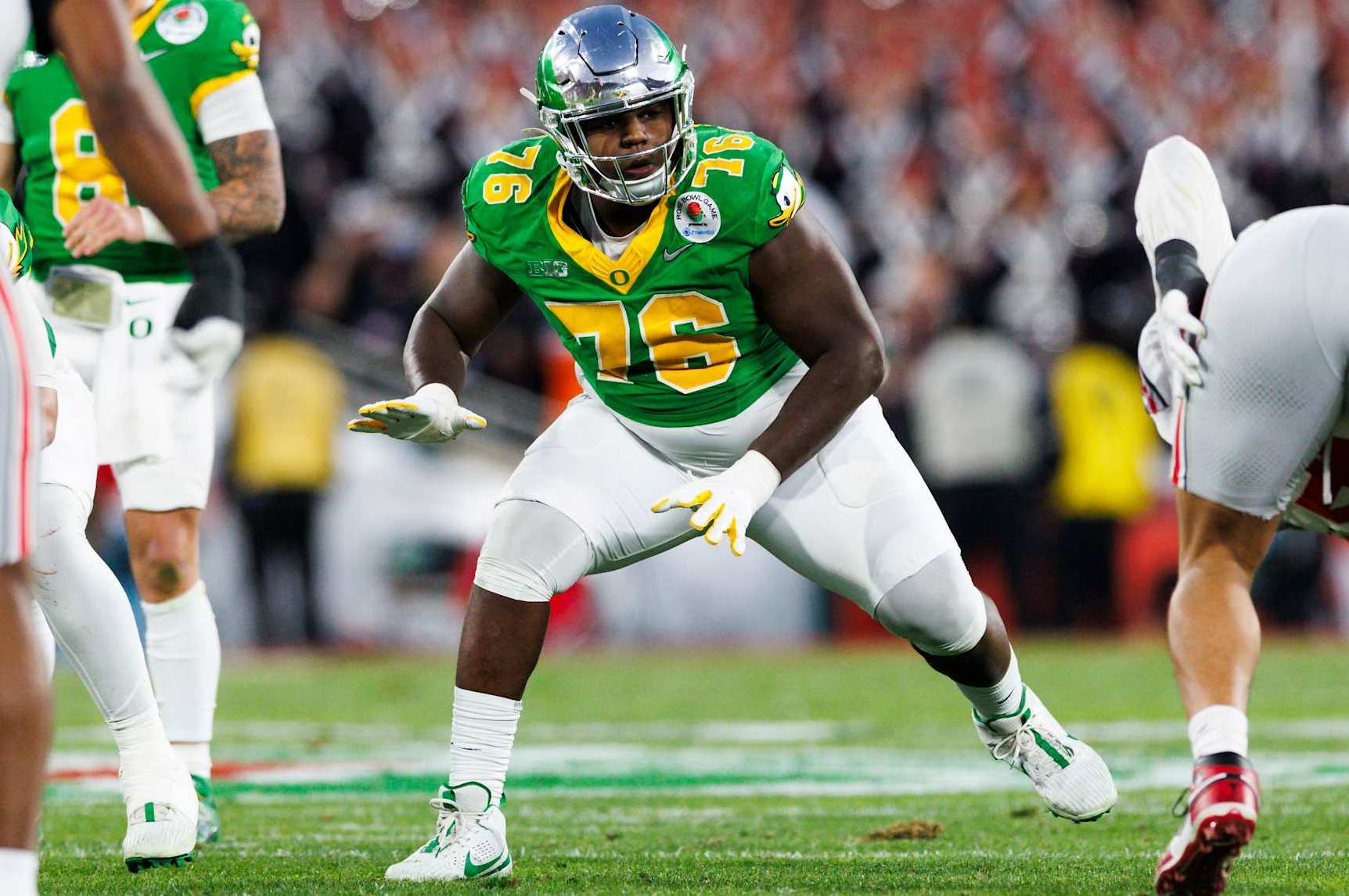 PASADENA, CALIFORNIA - JANUARY 1: Josh Conerly Jr. #76 of the Oregon Ducks blocks in the second half during the Rose Bowl against Ohio State Buckeyes at Rose Bowl Stadium on January 1, 2025 in Pasadena, California. (Photo by Ric Tapia/Getty Images)