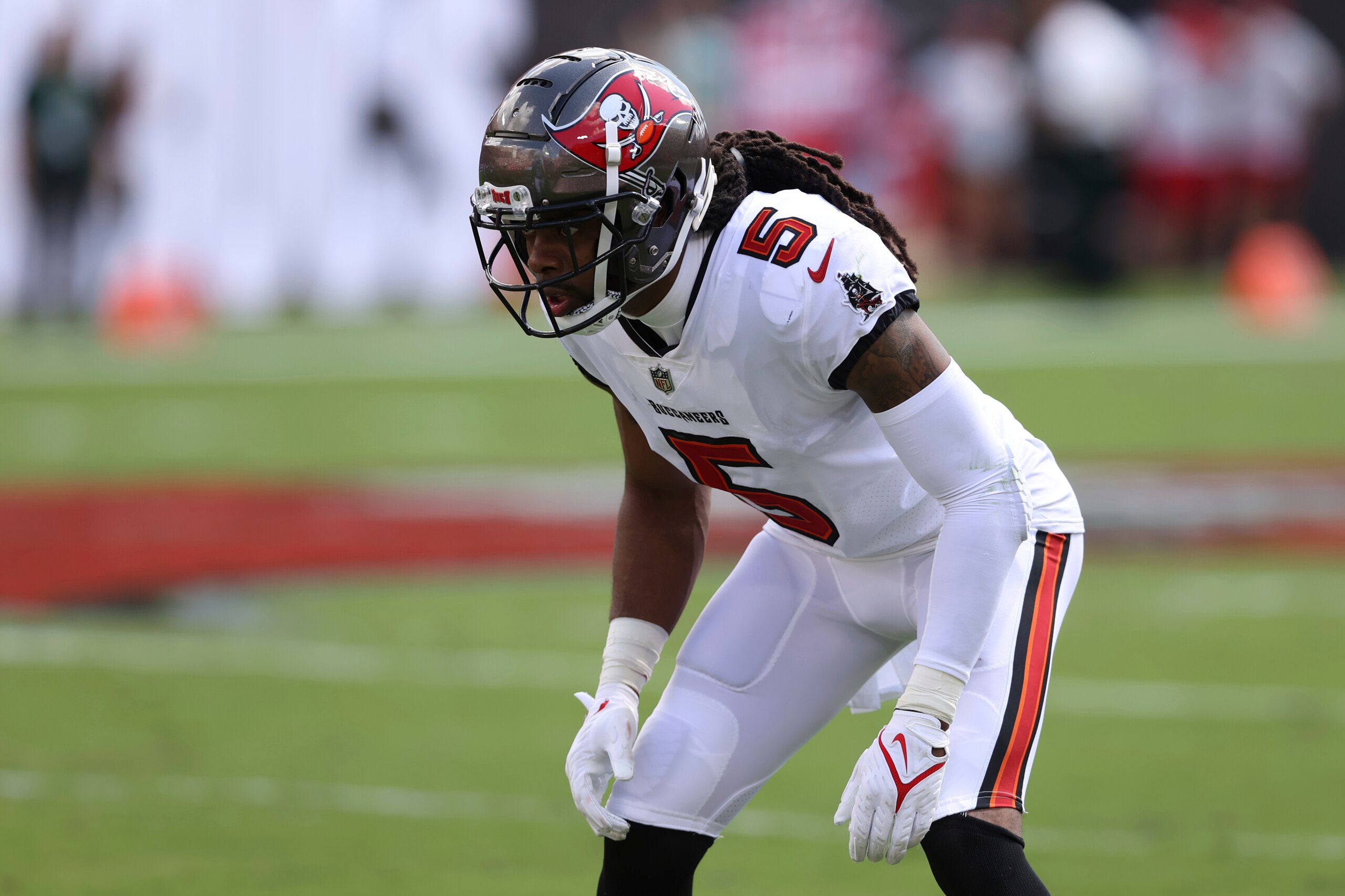 Tampa Bay Buccaneers cornerback Richard Sherman (5) during the first half of an NFL football game against the Miami Dolphins Sunday, Oct. 10, 2021, in Tampa, Fla. (AP Photo/Mark LoMoglio)