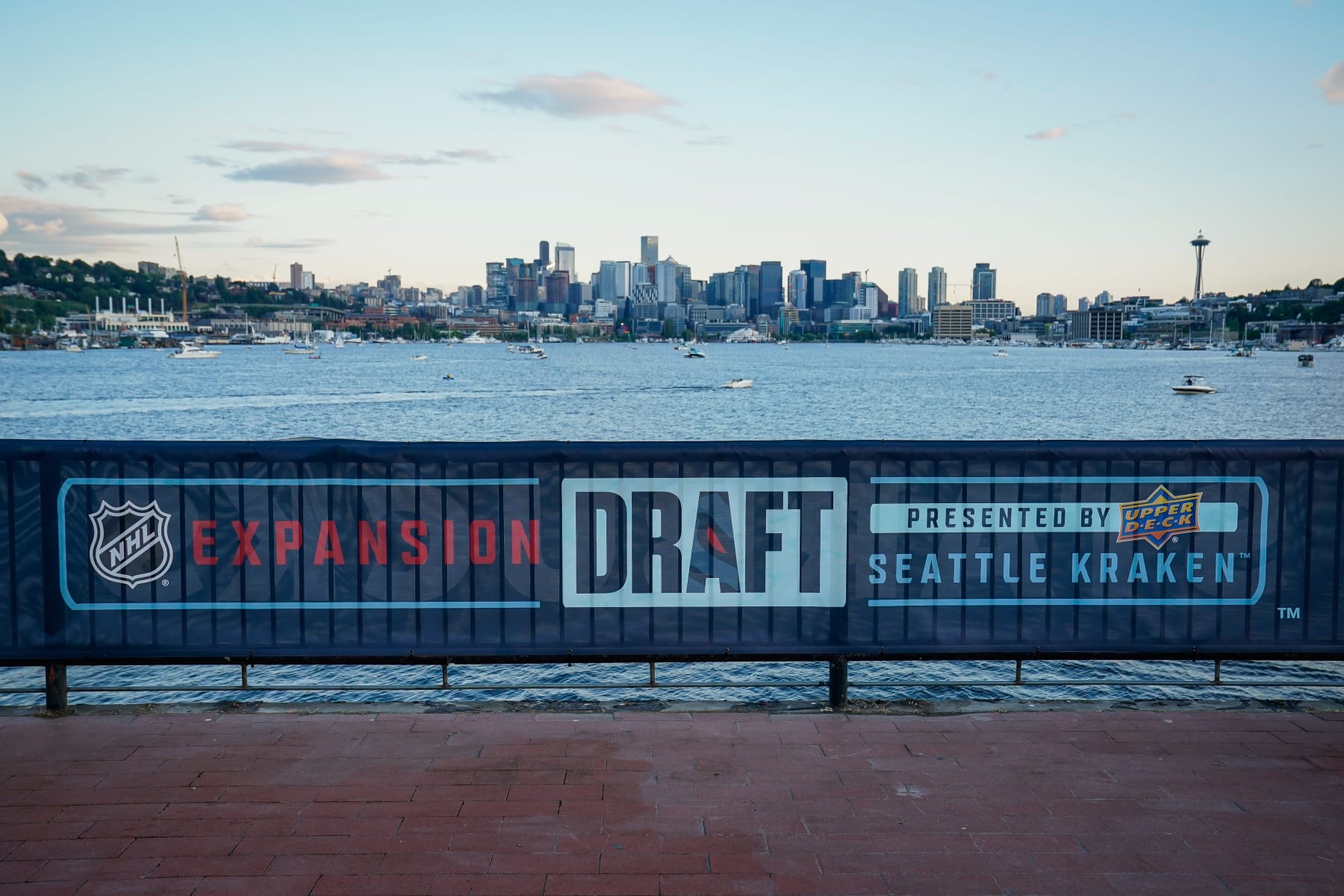 SEATTLE, WASHINGTON - JULY 21: The Seattle skyline is seen at the NHL Expansion Draft on July 21, 2021 at Gas Works Park in Seattle, Washington. The Seattle Kraken is the National Hockey League's newest franchise and will begin play in October 2021. (Photo by Christopher Mast/NHLI via Getty Images)
