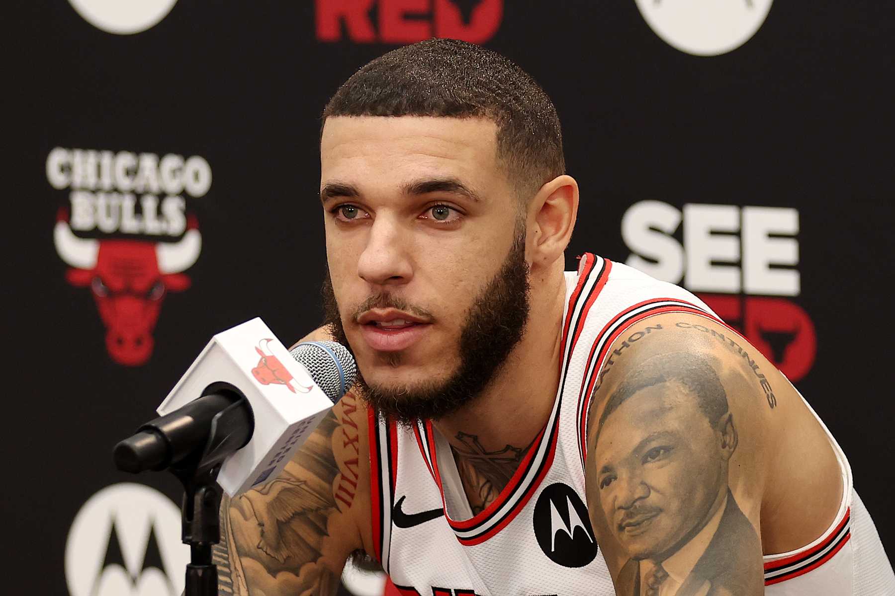 CHICAGO, ILLINOIS - SEPTEMBER 30: Lonzo Ball #2 of the Chicago Bulls speaks to the media during Chicago Bulls Media Day at Advocate Center on September 30, 2024 in Chicago, Illinois. (Photo by Michael Reaves/Getty Images)