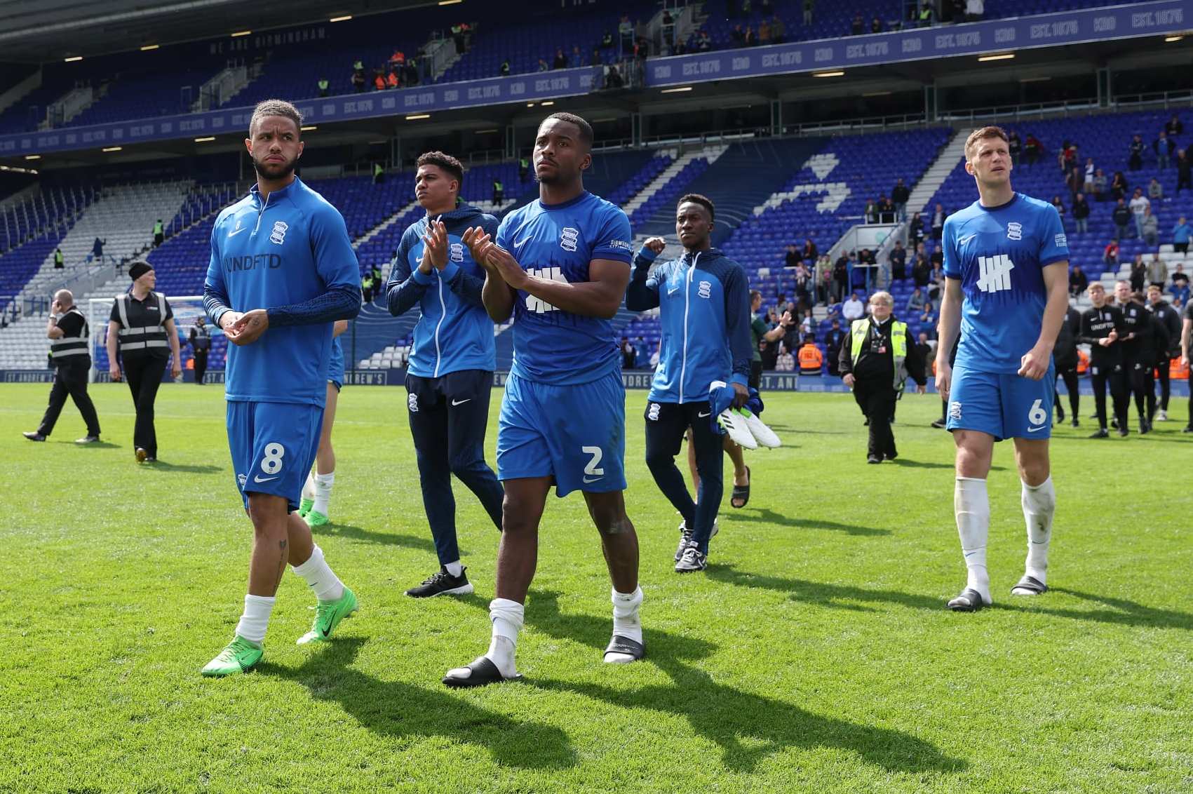 BIRMINGHAM, ENGLAND - MAY 04: A general view of the inside of the stadium as players of Birmingham City applaud the fans, after Birmingham City are relegated to League One despite defeating Norwich City, after the Sky Bet Championship match between Birmingham City and Norwich City at St Andrews (stadium) on May 04, 2024 in Birmingham, England. (Photo by Cameron Smith/Getty Images)