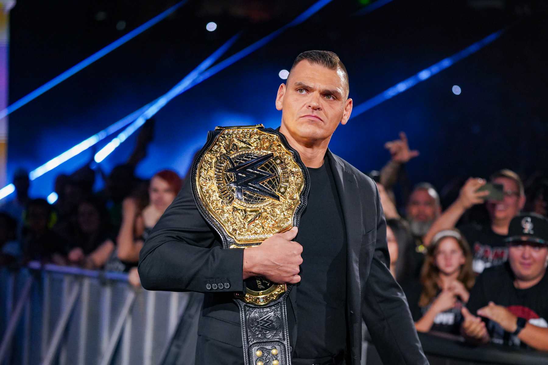 DENVER, COLORADO - SEPTEMBER 2: The World Heaveyweight Champion, GUNTHER enters the arena during Monday Night RAW at Ball Arena on September 2, 2024 in Denver, Colorado.  (Photo by WWE/Getty Images)