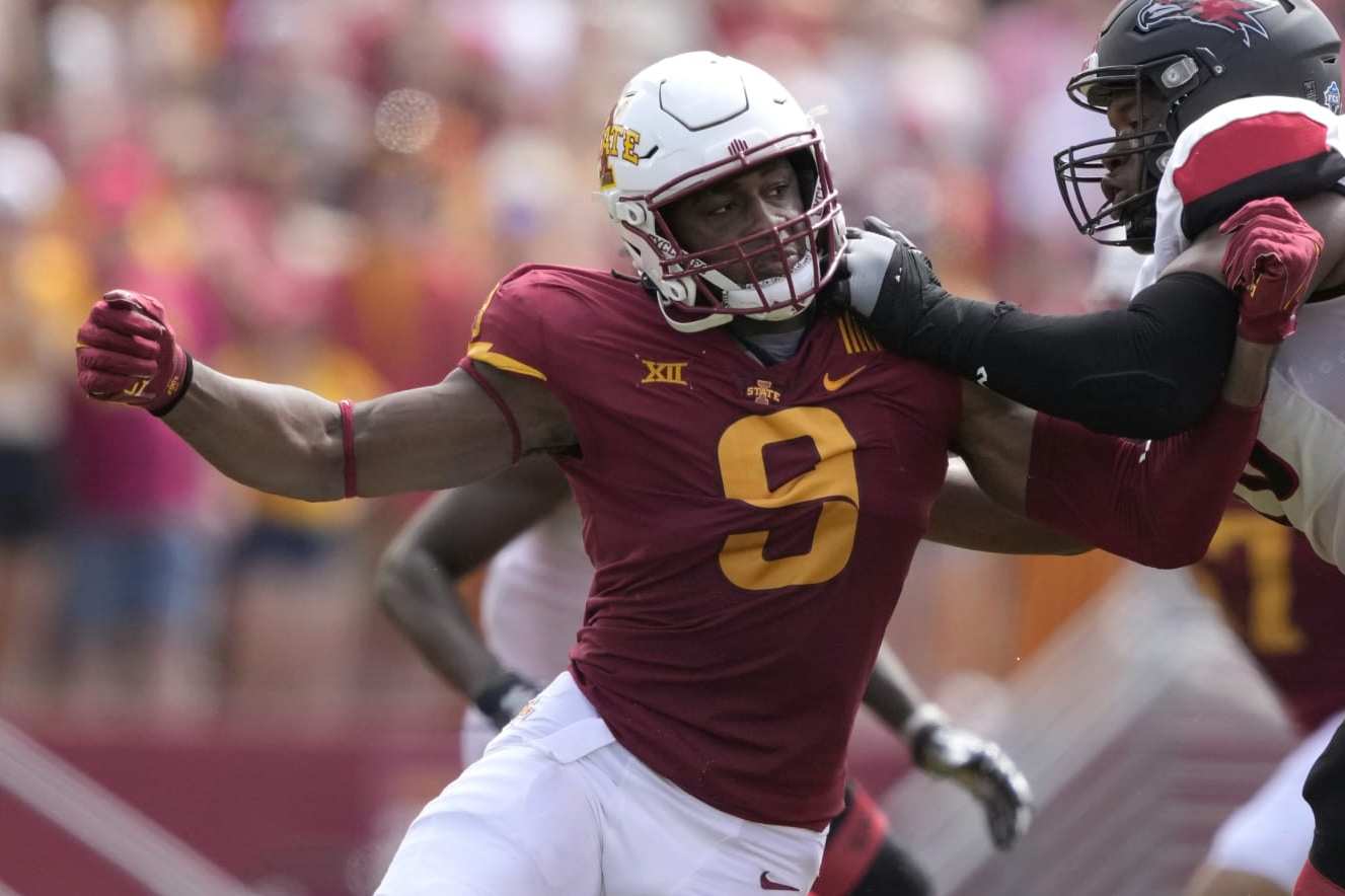 Iowa State defensive end Will McDonald IV (9) gets past Southeast Missouri State offensive lineman Terry Cook (76) during the first half of an NCAA college football game, Saturday, Sept. 3, 2022, in Ames, Iowa. (AP Photo/Matthew Putney)