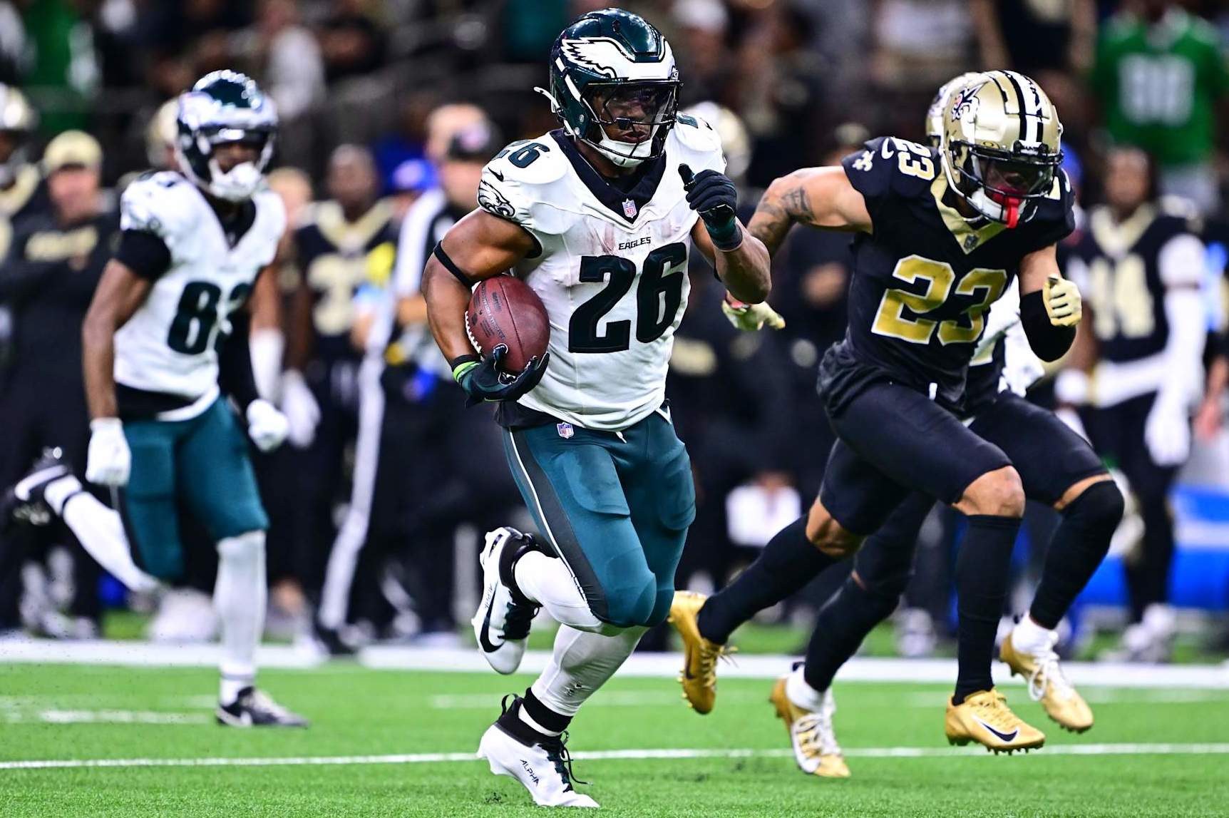 The Philadelphia Eagles' Saquon Barkley runs for a touchdown against the New Orleans Saints The Philadelphia Eagles' Saquon Barkley runs for a touchdown against the New Orleans Saints