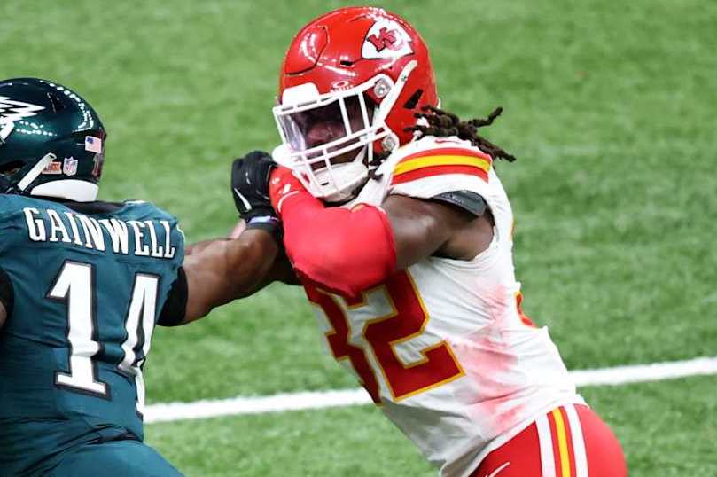 NEW ORLEANS, LOUISIANA - FEBRUARY 09: Kenneth Gainwell #14 of the Philadelphia Eagles is chased by Nick Bolton #32 of the Kansas City Chiefs in the second quarter during Super Bowl LIX at Caesars Superdome on February 09, 2025 in New Orleans, Louisiana. (Photo by Chris Graythen/Getty Images)