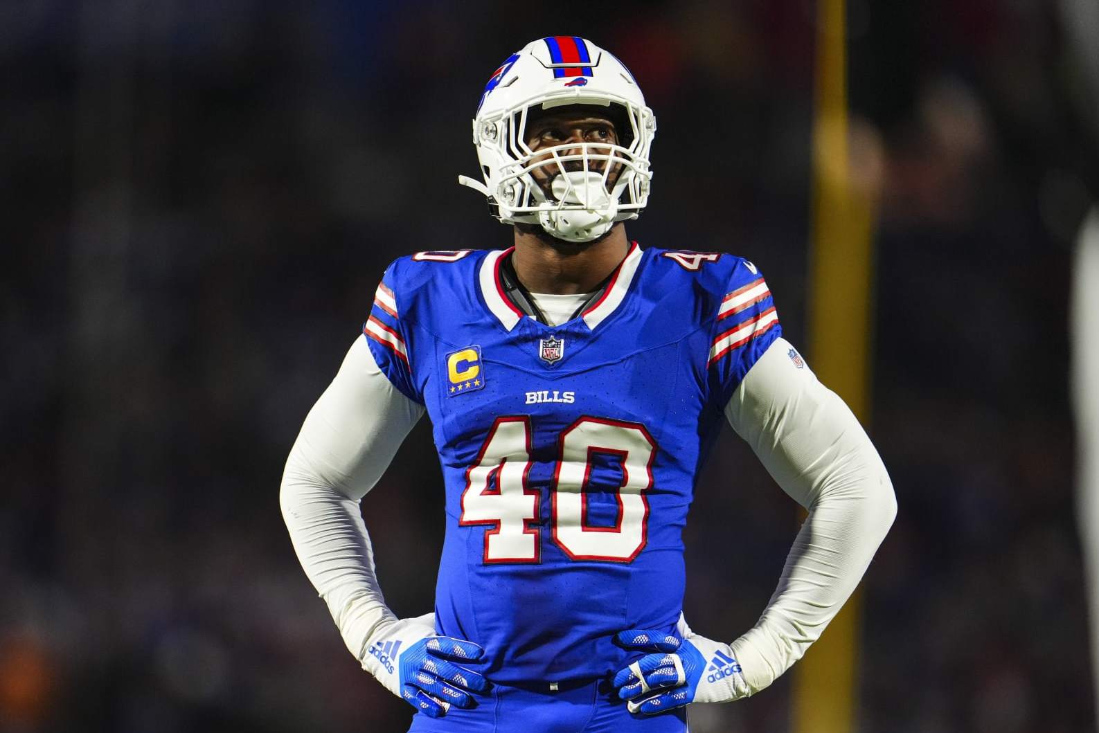 ORCHARD PARK, NY - OCTOBER 26: Von Miller #40 of the Buffalo Bills looks on from the field during an NFL football game against the Tampa Bay Buccaneers at Highmark Stadium on October 26, 2023 in Orchard Park, New York. (Photo by Cooper Neill/Getty Images)