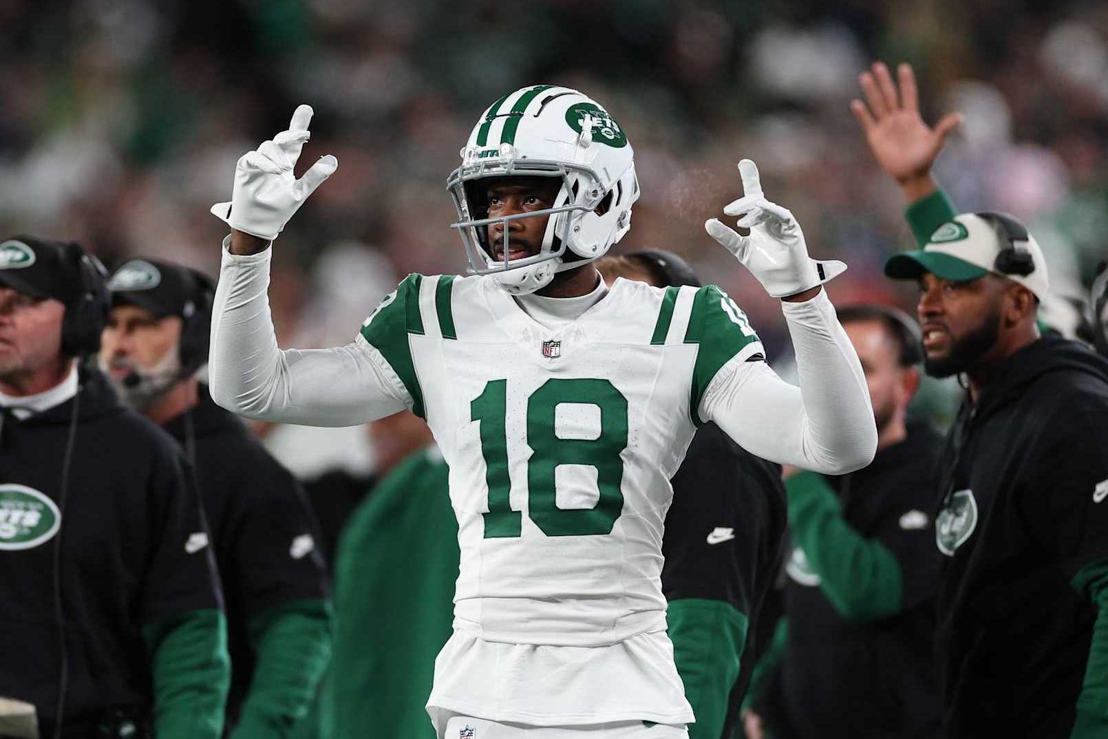 EAST RUTHERFORD, NEW JERSEY - OCTOBER 14: Mike Williams #18 of the New York Jets reacts after a touchdown during the first quarter against the Buffalo Bills at MetLife Stadium on October 14, 2024 in East Rutherford, New Jersey. (Photo by Elsa/Getty Images)