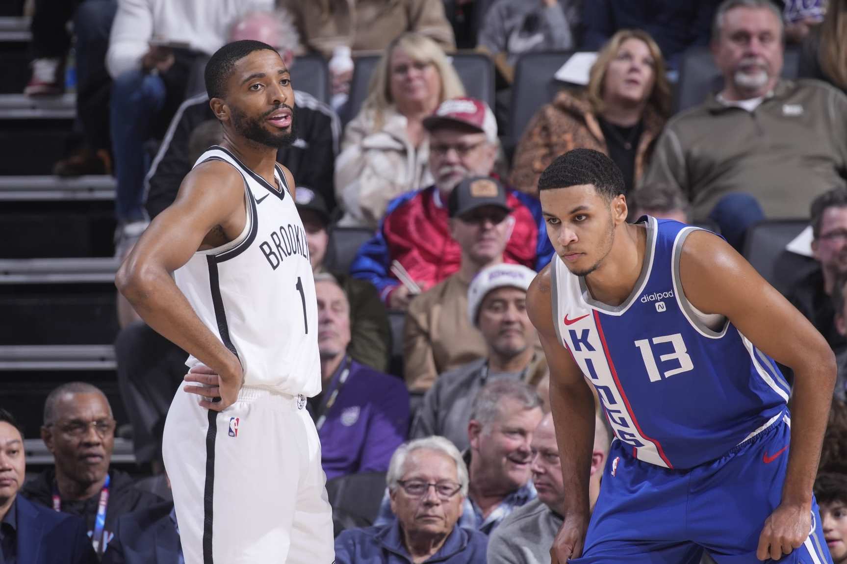 SACRAMENTO, CA - DECEMBER 11: Mikal Bridges #1 of the Brooklyn Nets and Keegan Murray #13 of the Sacramento Kings look on during the game on December 11, 2023 at Golden 1 Center in Sacramento, California. NOTE TO USER: User expressly acknowledges and agrees that, by downloading and or using this photograph, User is consenting to the terms and conditions of the Getty Images Agreement. Mandatory Copyright Notice: Copyright 2023 NBAE (Photo by Rocky Widner/NBAE via Getty Images)