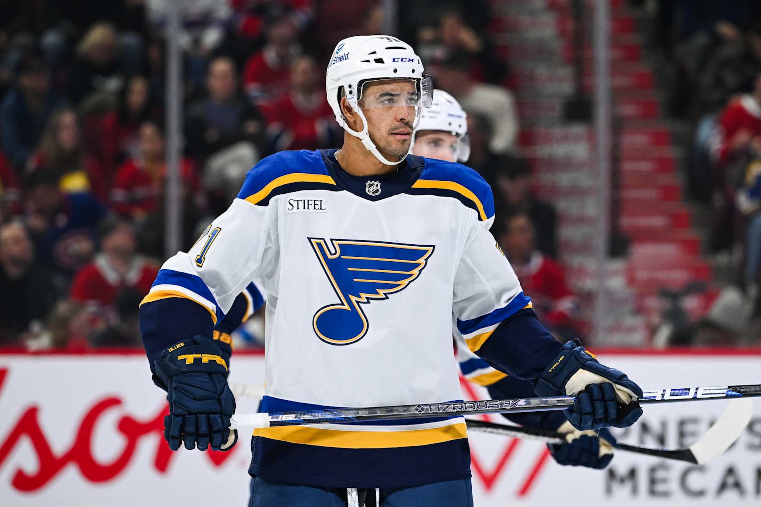 MONTREAL, QC - OCTOBER 26: Look on St. Louis Blues right wing Mathieu Joseph (71) during the St. Louis Blues versus the Montreal Canadiens game on October 26, 2024, at Bell Centre in Montreal, QC (Photo by David Kirouac/Icon Sportswire via Getty Images)
