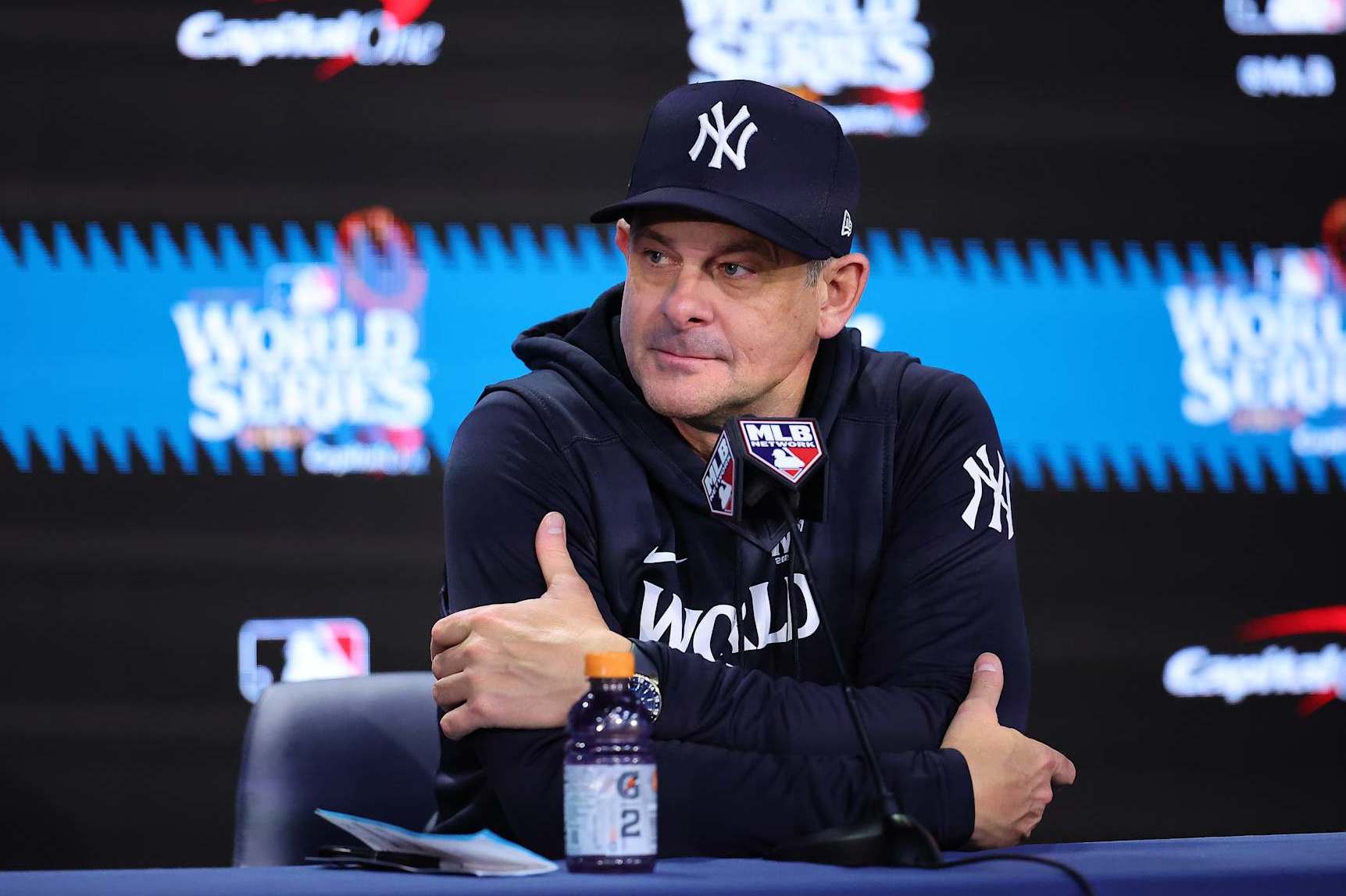 NEW YORK, NEW YORK - OCTOBER 30:  Manager Aaron Boone #17 of the New York Yankees talks to the media after the Los Angeles Dodgers defeated the New York Yankees 7-6 in game 5 to win the 2024 World Series at Yankee Stadium on October 30, 2024 in the Bronx borough of New York City. (Photo by Alex Slitz/Getty Images)