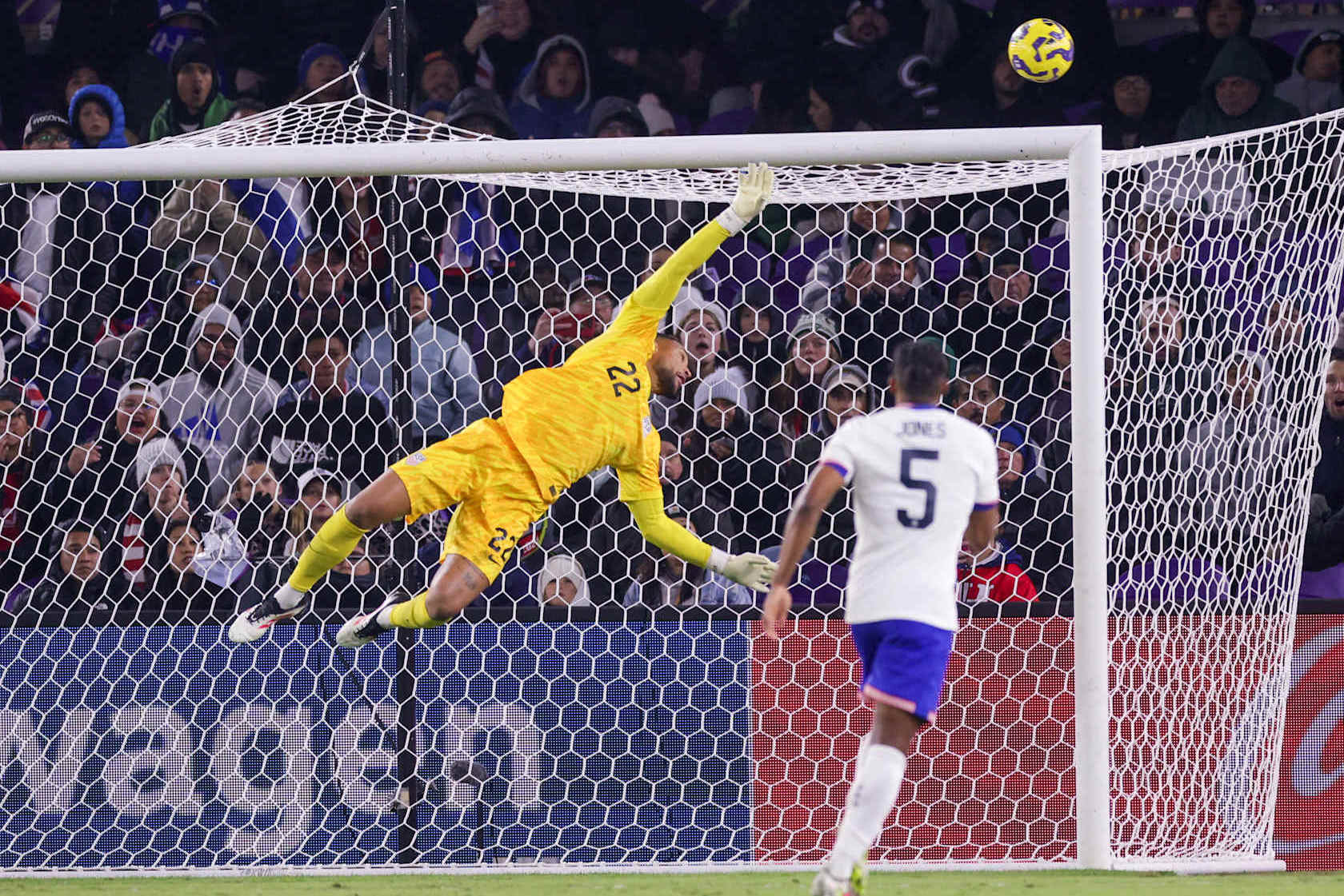 ORLANDO, FLORIDA - JANUARY 22: Zack Steffen #22 of the United States dives for a ball during the first half against Costa Rica during an international friendly at Inter&Co Stadium on January 22, 2025 in Orlando, Florida.  (Photo by John Dorton/ISI Photos/USSF/Getty Images for USSF)