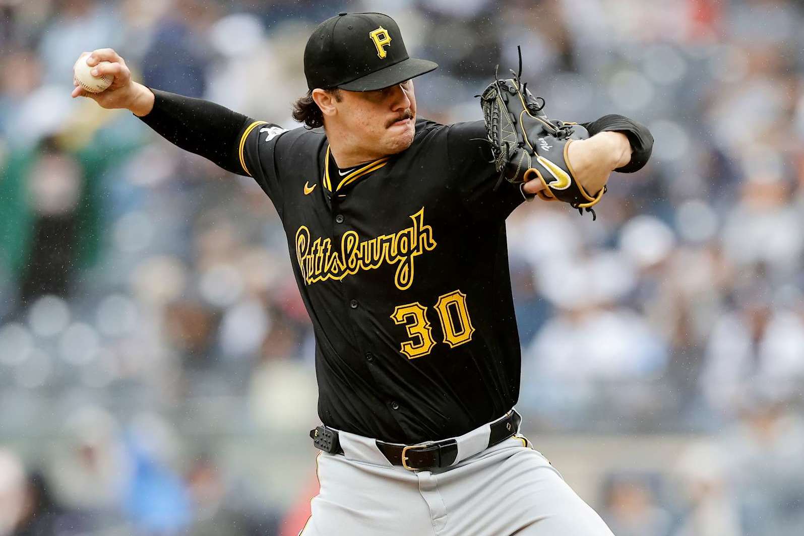 NEW YORK, NEW YORK - SEPTEMBER 28: (NEW YORK DAILIES OUT)  Paul Skenes #30 of the Pittsburgh Pirates in action against the New York Yankees at Yankee Stadium on September 28, 2024 in New York City. The Pirates defeated the Yankees 9-4. (Photo by Jim McIsaac/Getty Images)