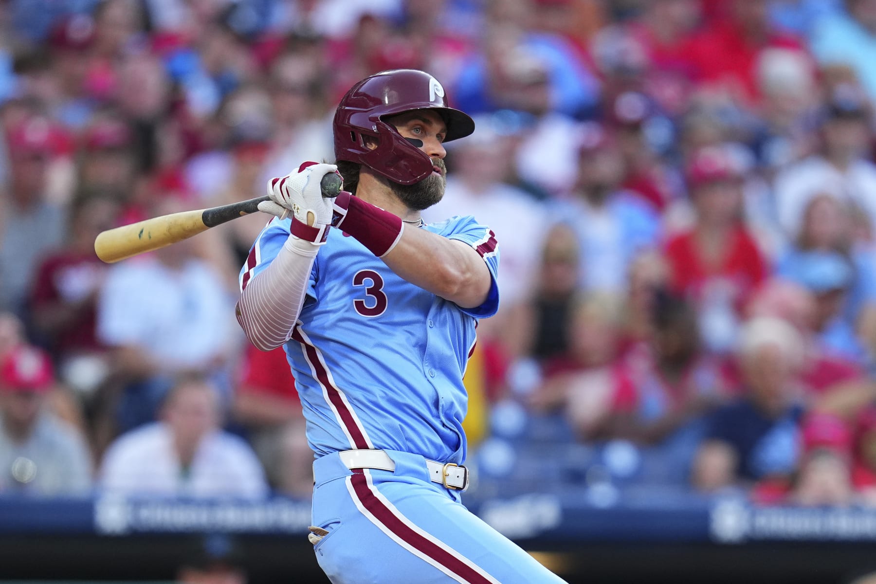 PHILADELPHIA, PENNSYLVANIA - JUNE 27: Bryce Harper #3 of the Philadelphia Phillies bats against the Miami Marlins at Citizens Bank Park on June 27, 2024 in Philadelphia, Pennsylvania. (Photo by Mitchell Leff/Getty Images)