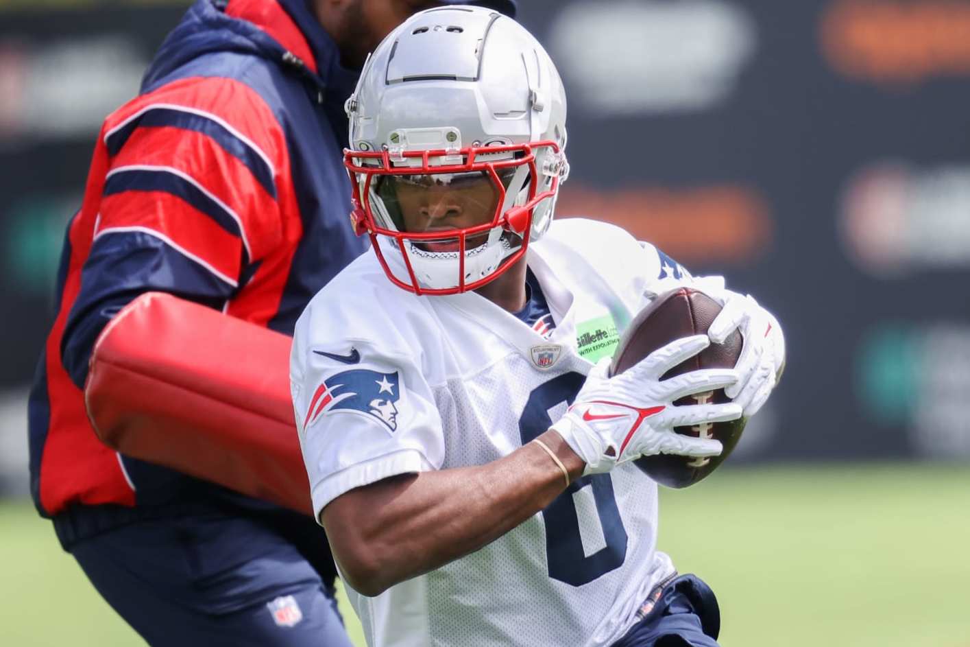 Foxborough, MA - May 11: New England Patriots WR Javon Baker at team's 2024 Rookie Mini-Camp. (Photo by Jonathan Wiggs/The Boston Globe via Getty Images)