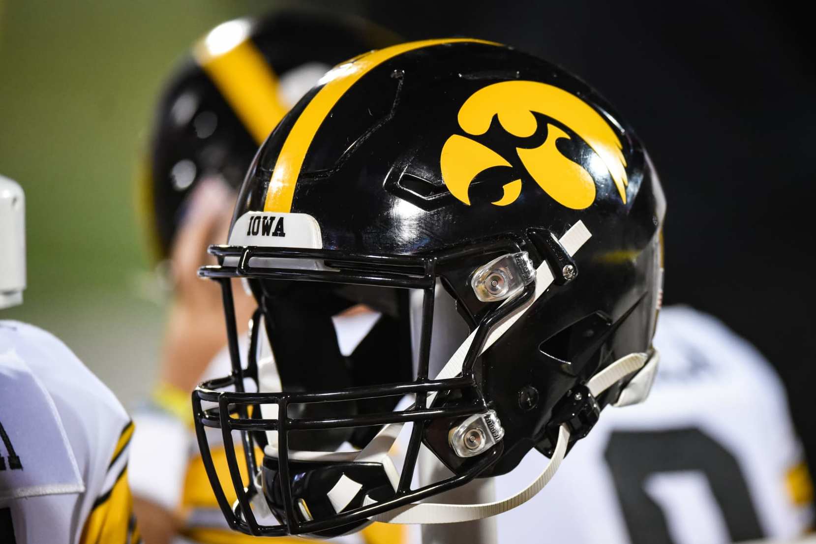CHAMPAIGN, IL - DECEMBER 05: An Iowa football helmet sits on the sideline during a college football game between the Iowa Hawkeyes and Illinois Fighting Illini on December 5, 2020 at Memorial Stadium in Champaign, Ill (Photo by James Black/Icon Sportswire via Getty Images)
