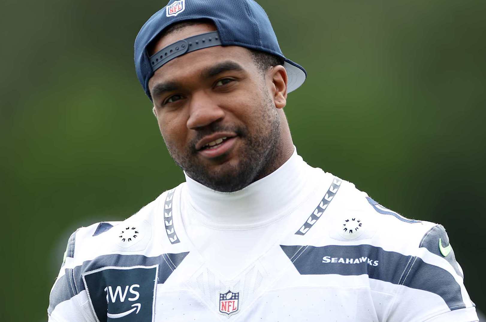 RENTON, WASHINGTON - JUNE 03: Tyrel Dodson #0 of the Seattle Seahawks looks on during practice at Virginia Mason Athletic Center on June 03, 2024 in Renton, Washington. (Photo by Steph Chambers/Getty Images)