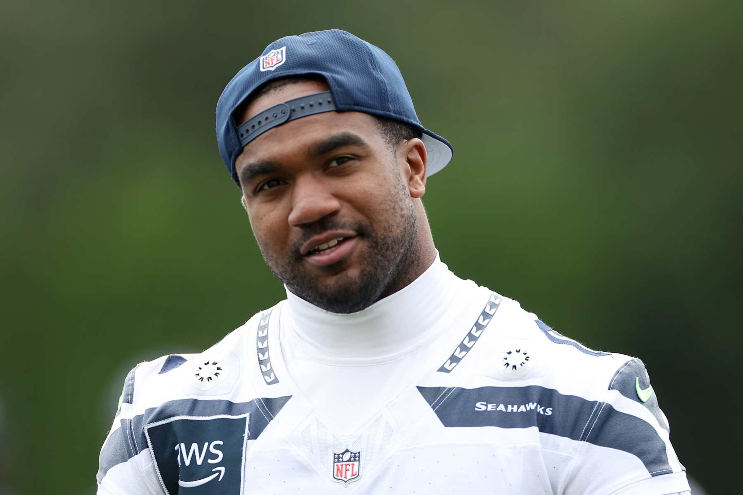 RENTON, WASHINGTON - JUNE 03: Tyrel Dodson #0 of the Seattle Seahawks looks on during practice at Virginia Mason Athletic Center on June 03, 2024 in Renton, Washington. (Photo by Steph Chambers/Getty Images)