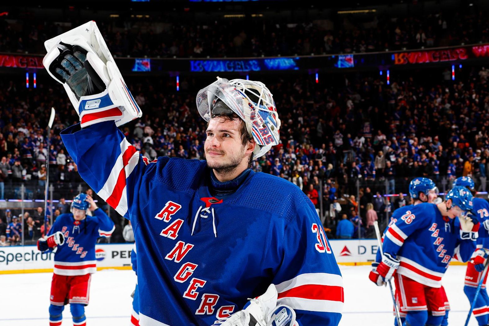 NEW YORK, NEW YORK - APRIL 13: Igor Shesterkin #31 of the New York Rangers celebrates after a 3-2 shootout win against the New York Islanders at Madison Square Garden on April 13, 2024 in New York City. (Photo by Jared Silber/NHLI via Getty Images)