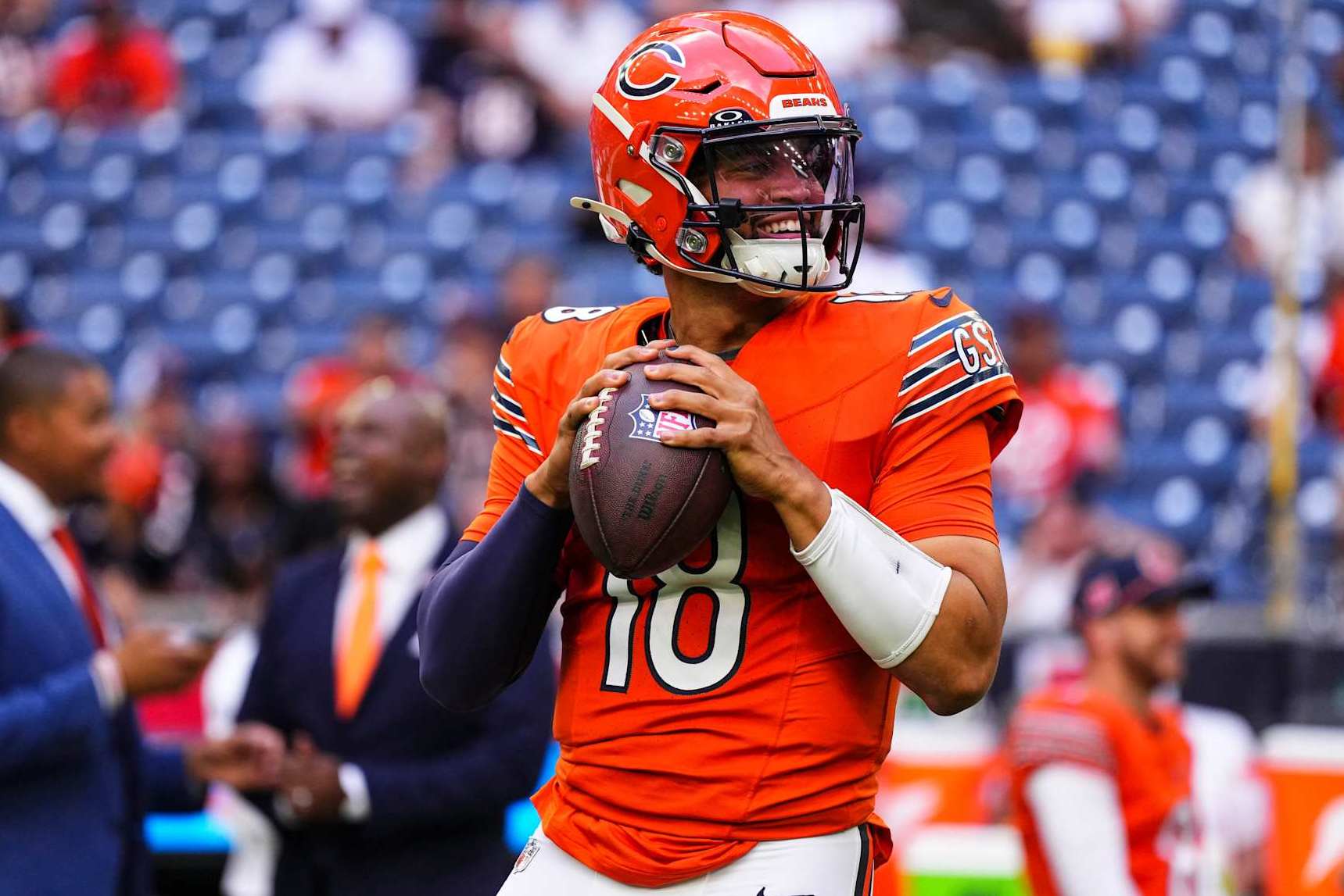 HOUSTON, TX - SEPTEMBER 15: Caleb Williams #18 of the Chicago Bears warms up prior to an NFL football game against the Houston Texans during a football game at NRG Stadium on September 15, 2024 in Houston, Texas. (Photo by Cooper Neill/Getty Images)