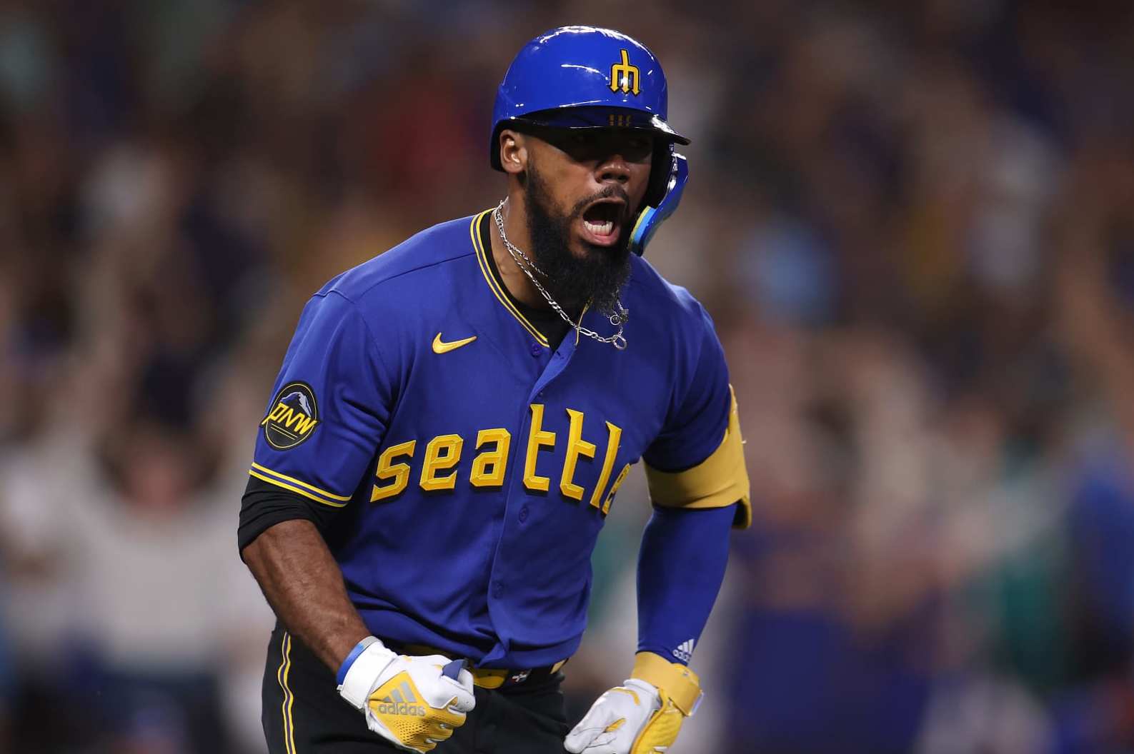 SEATTLE, WASHINGTON - JULY 21: Teoscar Hernandez #35 of the Seattle Mariners celebrates his walk-off single against the Toronto Blue Jays during the ninth inning at T-Mobile Park on July 21, 2023 in Seattle, Washington. (Photo by Steph Chambers/Getty Images)