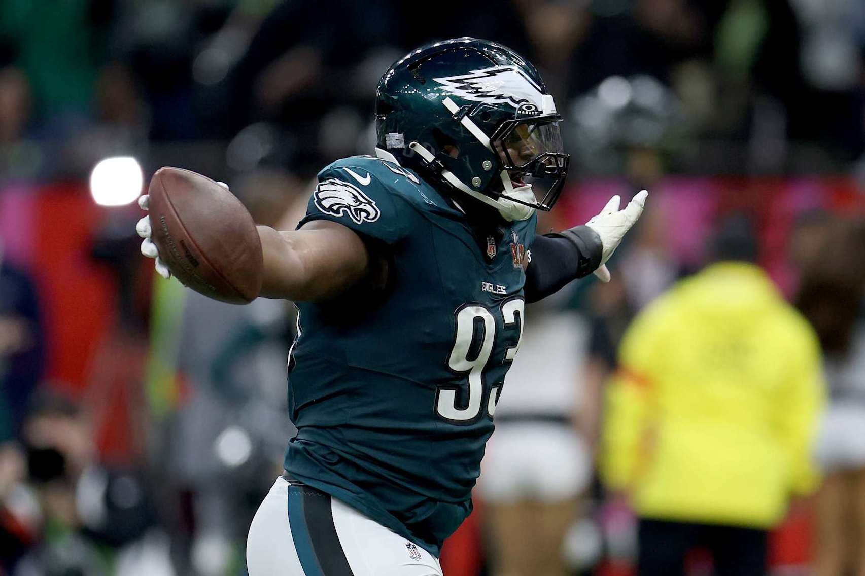 NEW ORLEANS, LOUISIANA - FEBRUARY 09: Milton Williams #93 of the Philadelphia Eagles celebrates after recovering a fumble in the fourth quarter against the Kansas City Chiefs during Super Bowl LIX at Caesars Superdome on February 09, 2025 in New Orleans, Louisiana. (Photo by Jamie Squire/Getty Images)