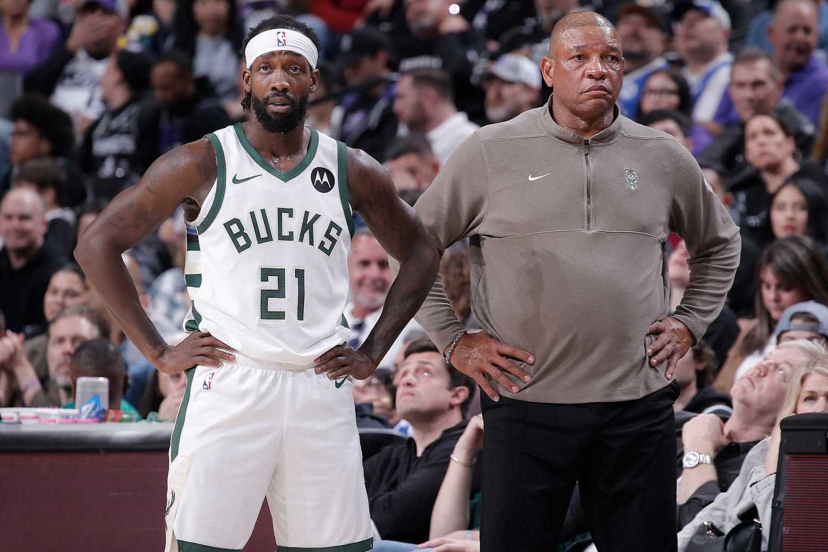 SACRAMENTO, CA - MARCH 12: Patrick Beverley #21 and Head Coach Doc Rivers of the Milwaukee Bucks look on during the game against the Sacramento Kings on March 12, 2024 at Golden 1 Center in Sacramento, California. NOTE TO USER: User expressly acknowledges and agrees that, by downloading and or using this photograph, User is consenting to the terms and conditions of the Getty Images Agreement. Mandatory Copyright Notice: Copyright 2024 NBAE (Photo by Rocky Widner/NBAE via Getty Images)