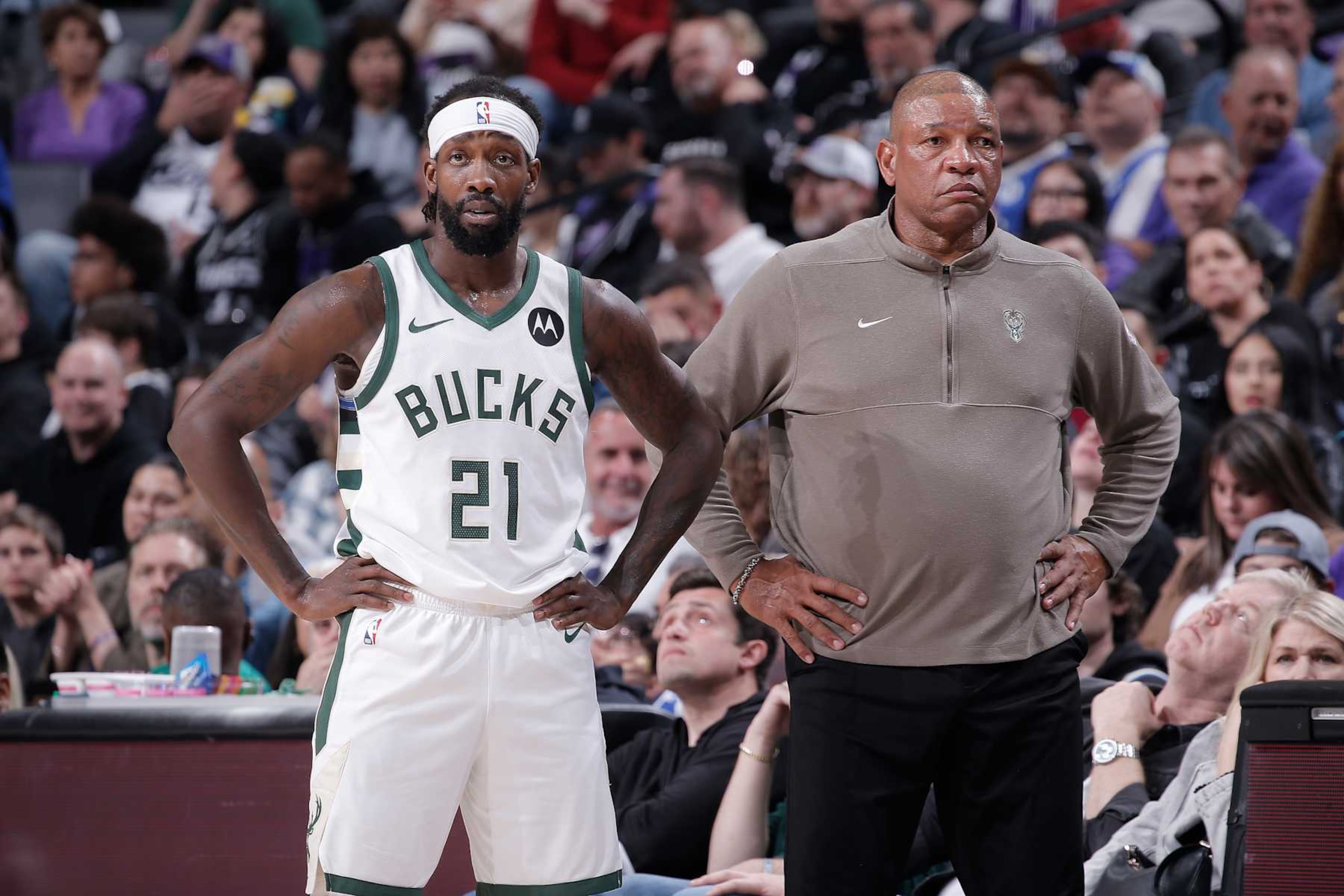SACRAMENTO, CA - MARCH 12: Patrick Beverley #21 and Head Coach Doc Rivers of the Milwaukee Bucks look on during the game against the Sacramento Kings on March 12, 2024 at Golden 1 Center in Sacramento, California. NOTE TO USER: User expressly acknowledges and agrees that, by downloading and or using this photograph, User is consenting to the terms and conditions of the Getty Images Agreement. Mandatory Copyright Notice: Copyright 2024 NBAE (Photo by Rocky Widner/NBAE via Getty Images)