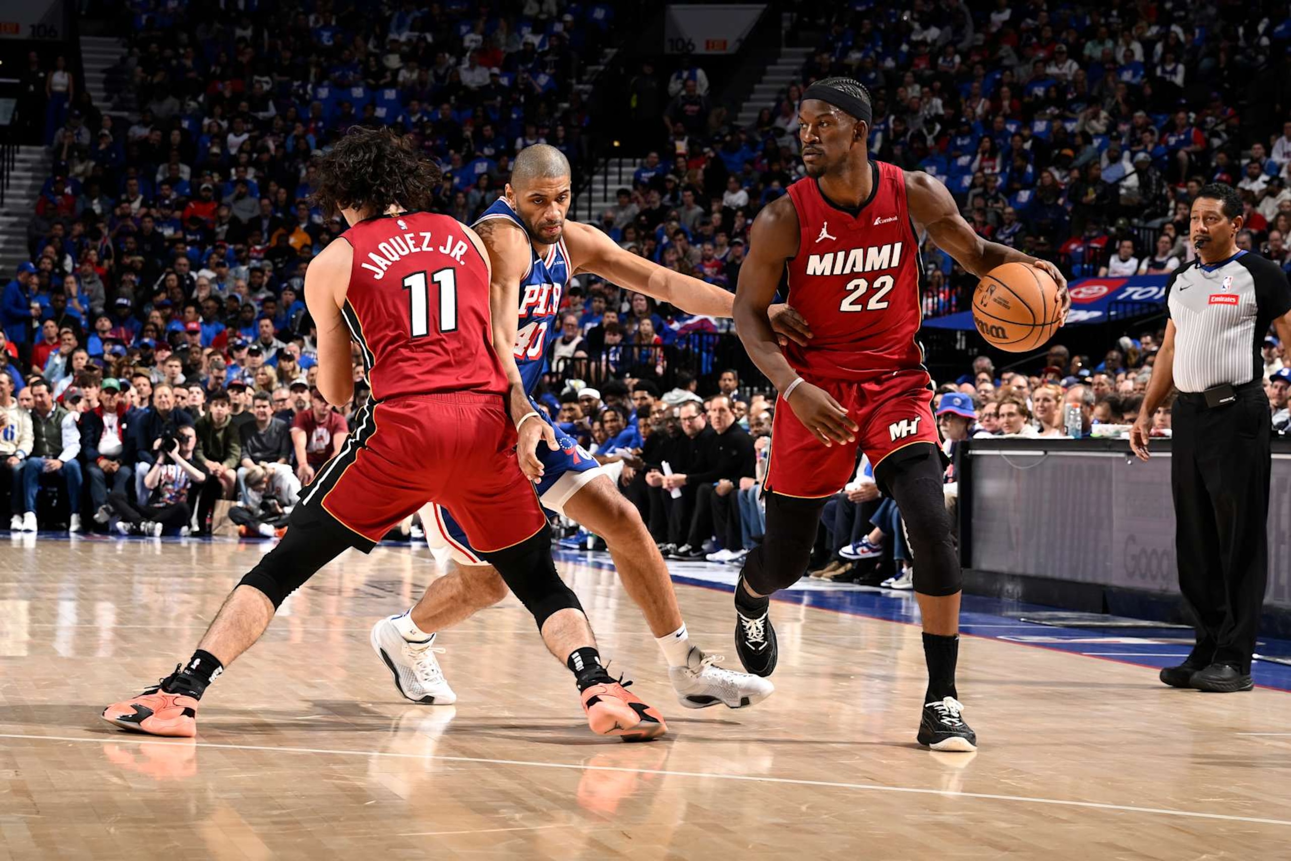 PHILADELPHIA, PA - APRIL 17: Jimmy Butler #22 of the Miami Heat handles the ball during the game against the Philadelphia 76ers during the 2024 NBA Play-In Tournament on April 17, 2024 at the Wells Fargo Center in Philadelphia, Pennsylvania NOTE TO USER: User expressly acknowledges and agrees that, by downloading and/or using this Photograph, user is consenting to the terms and conditions of the Getty Images License Agreement. Mandatory Copyright Notice: Copyright 2024 NBAE (Photo by David Dow/NBAE via Getty Images) PHILADELPHIA, PA - APRIL 17: Jimmy Butler #22 of the Miami Heat handles the ball during the game against the Philadelphia 76ers during the 2024 NBA Play-In Tournament on April 17, 2024 at the Wells Fargo Center in Philadelphia, Pennsylvania NOTE TO USER: User expressly acknowledges and agrees that, by downloading and/or using this Photograph, user is consenting to the terms and conditions of the Getty Images License Agreement. Mandatory Copyright Notice: Copyright 2024 NBAE (Photo by David Dow/NBAE via Getty Images)