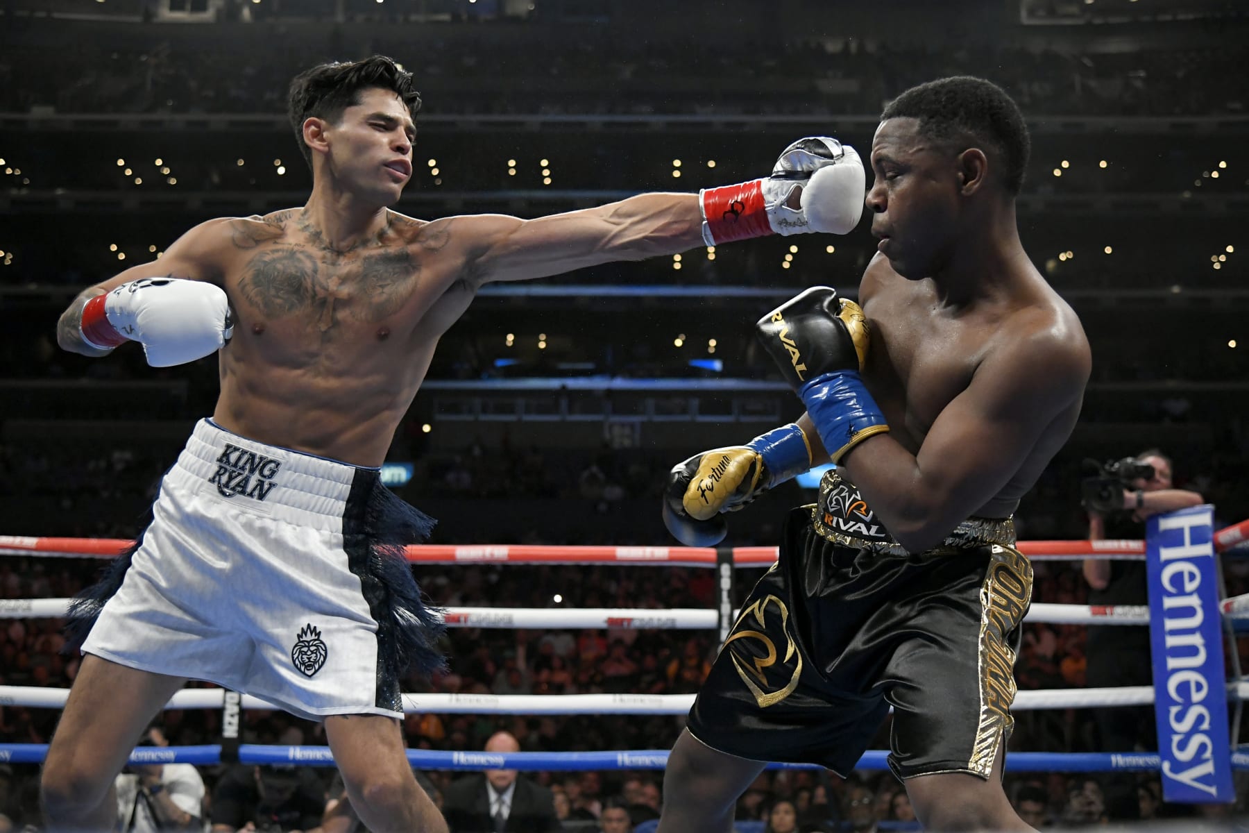 LOS ANGELES, CA - JULY 16: Ryan Garcia throws a punch at Javier Fortuna in the first round of a Super Lightweight bout at the Crypto.com Arena on July 16, 2022 in Los Angeles, United States. (Photo by John McCoy/Getty Images)