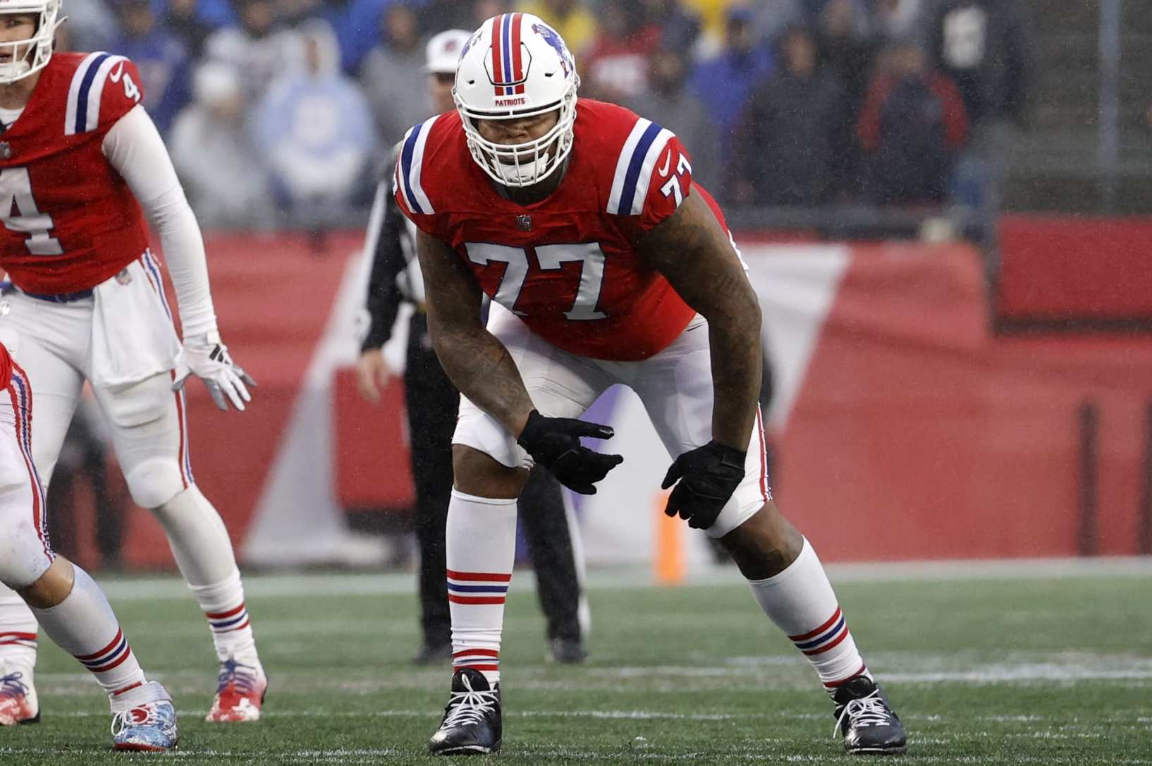 FOXBOROUGH, MA - DECEMBER 03: New England Patriots offensive tackle Trent Brown (77) during a game between the New England Patriots and the Los Angeles Chargers on December 3, 2023, at Gillette Stadium in Foxborough, Massachusetts. (Photo by Fred Kfoury III/Icon Sportswire via Getty Images)