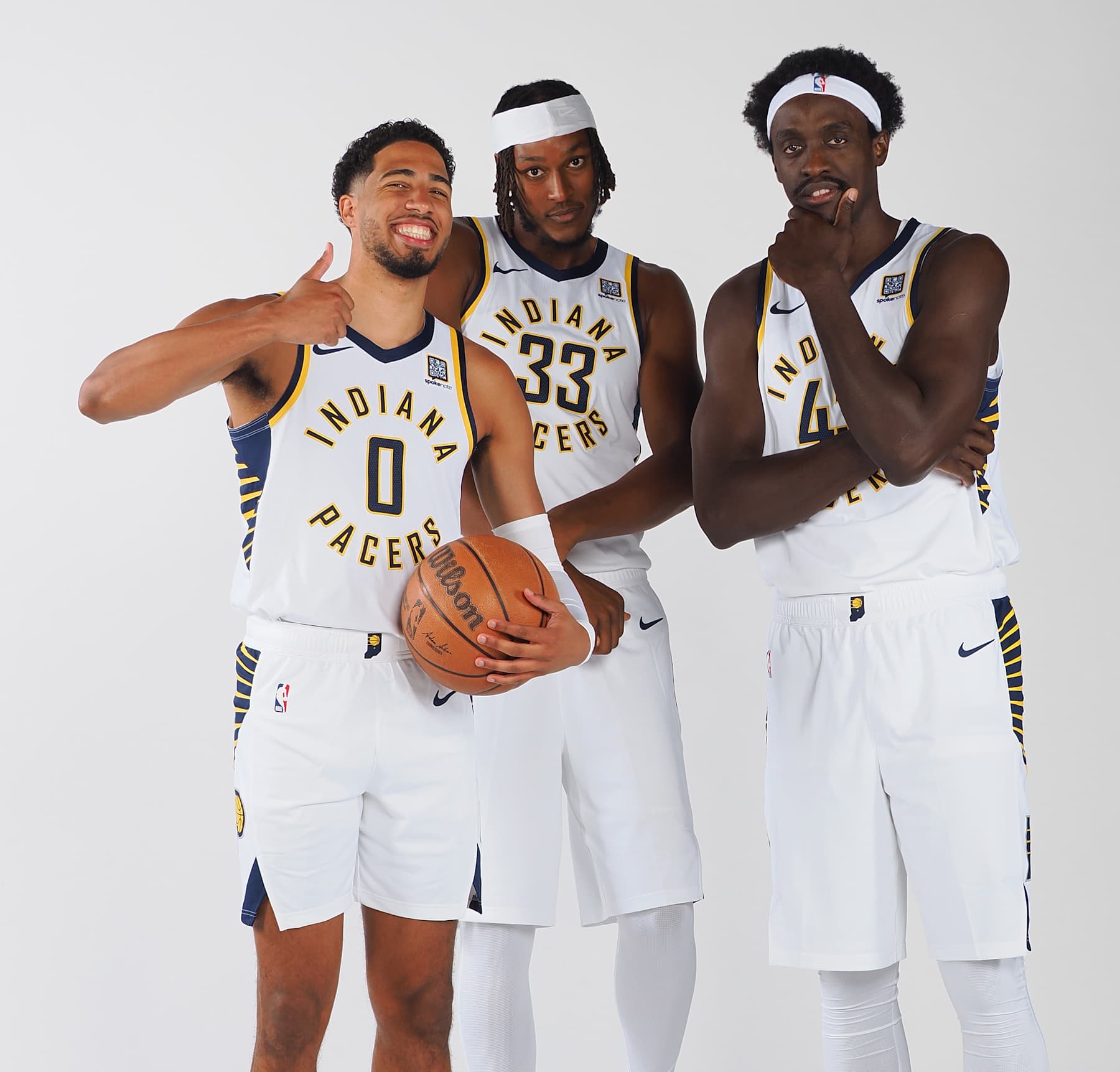 INDIANAPOLIS, IN - SEPTEMBER 30: Tyrese Haliburton #0, Myles Turner #33 and Pascal Siakam #43 of the Indiana Pacers during the Pacers Media Day on September 30, 2024 at Gainbridge Fieldhouse in Indianapolis, Indiana. NOTE TO USER: User expressly acknowledges and agrees that, by downloading and or using this Photograph, user is consenting to the terms and conditions of the Getty Images License Agreement. Mandatory Copyright Notice: Copyright 2024 NBAE (Photo by Ron Hoskins/NBAE via Getty Images)