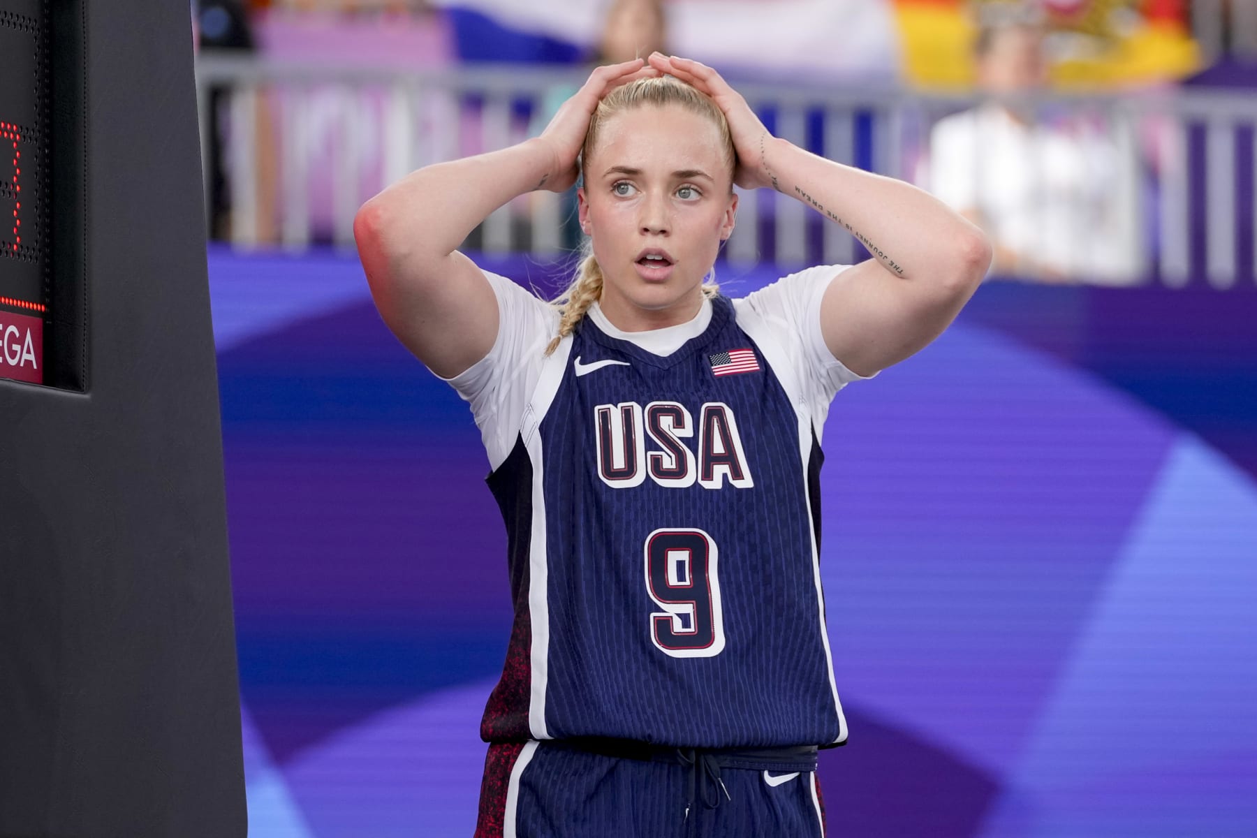 Hailey Van Lith of USA looks dejected during the Women's Pool Round match between Germany and United States of America on Day 4 of the Olympic Games Paris 2024 at La Concorde on July 30, 2024 in Paris, France. (Photo by Alex Gottschalk/DeFodi Images via Getty Images)