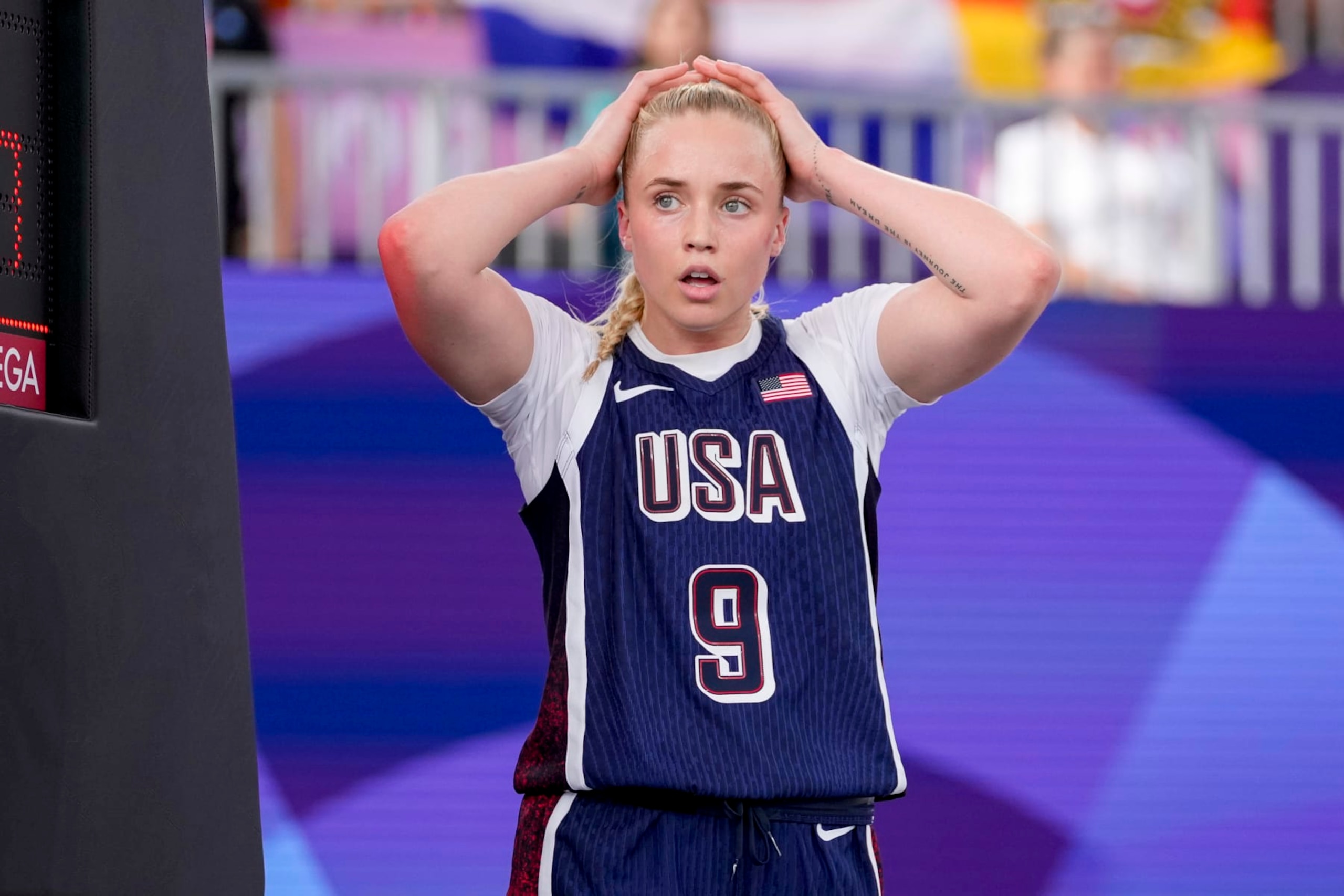 Hailey Van Lith of USA looks dejected during the Women's Pool Round match between Germany and United States of America on Day 4 of the Olympic Games Paris 2024 at La Concorde on July 30, 2024 in Paris, France. (Photo by Alex Gottschalk/DeFodi Images via Getty Images) Hailey Van Lith of USA looks dejected during the Women's Pool Round match between Germany and United States of America on Day 4 of the Olympic Games Paris 2024 at La Concorde on July 30, 2024 in Paris, France. (Photo by Alex Gottschalk/DeFodi Images via Getty Images)